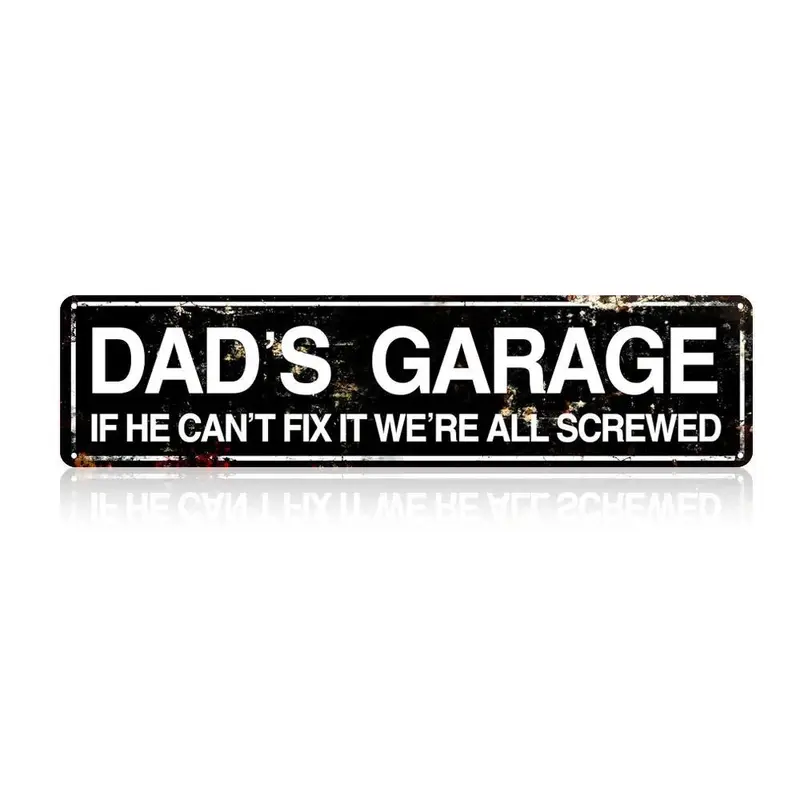 Vintage Garage Sign - Funny "Dad's Garage" Print, 4x16in Lightweight Hanging Metal Plaque, Adult Mens Gift for Dads, Office Home Decor Signage Man Cave Accent
