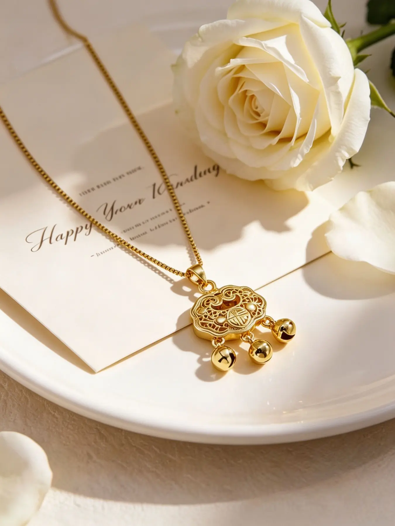 Fukusho Peace Lock Bell Necklace, Floral Wirework Hollow Design, Bell Pendant, New Traditional Daily Wear Jewelry