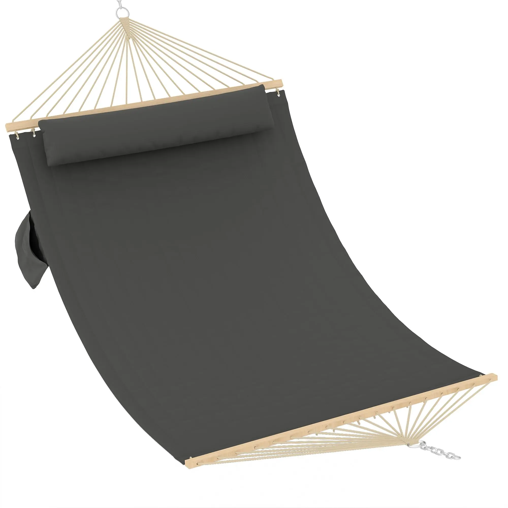 Double Quilted Hammock for 2 People – 12FT Outdoor Patio Swing Bed – Wooden Spreader Bar – Detachable Pillow – Heavy Duty, 450lbs Capacity – Light beige, 350cm
