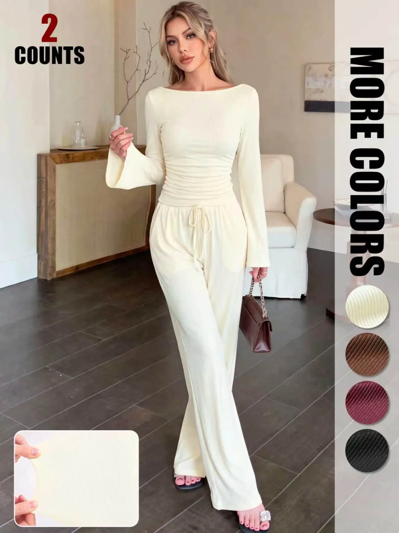 Women's Autumn Ribbed Knit 2 Piece Set, Soft Long Sleeve Top with Wide Leg Trousers, Relaxed Fit Draped Chic Lounge Outfit for Everyday Casual Wear
