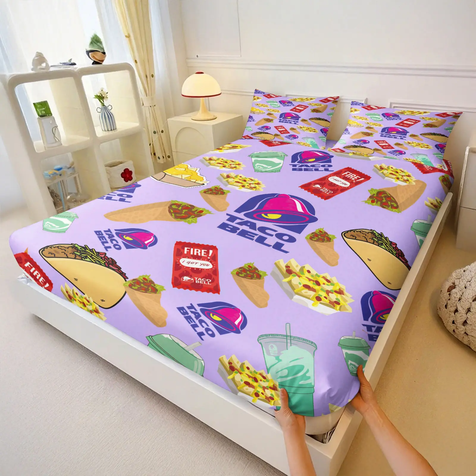 Colorful Cartoon Taco Bell Menu Full Print Fitted Sheet Set, Lavender Base, Fun Snack Food, Deep Pocket Bedding, Teens Dorm Apartment Decor