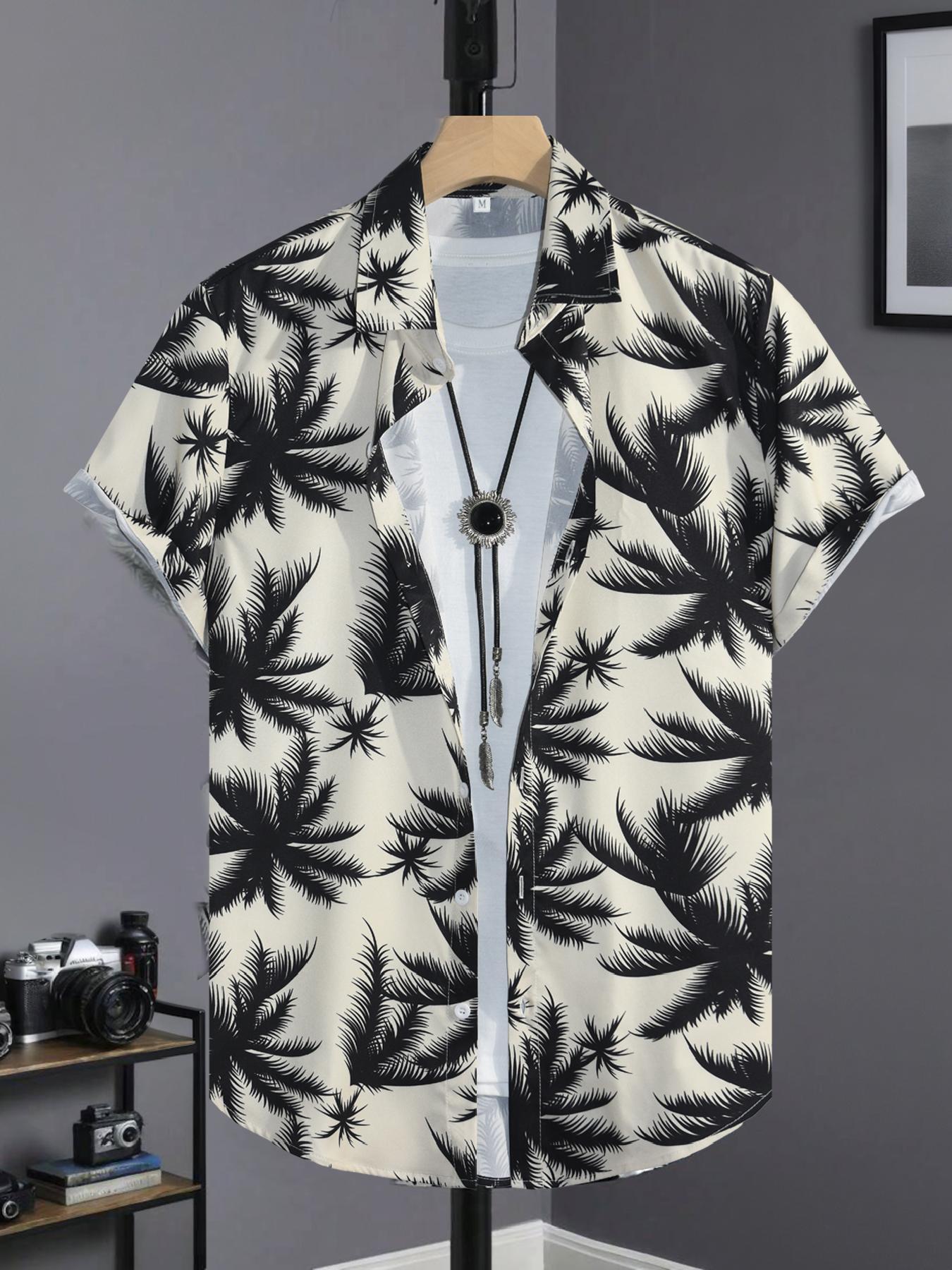 Men's All Over Tropical Palm Tree Print Button Front Shirt, Regular Fit Casual Printed Short Sleeve Collared Top for Summer, Men's Clothes for Beach Vacation