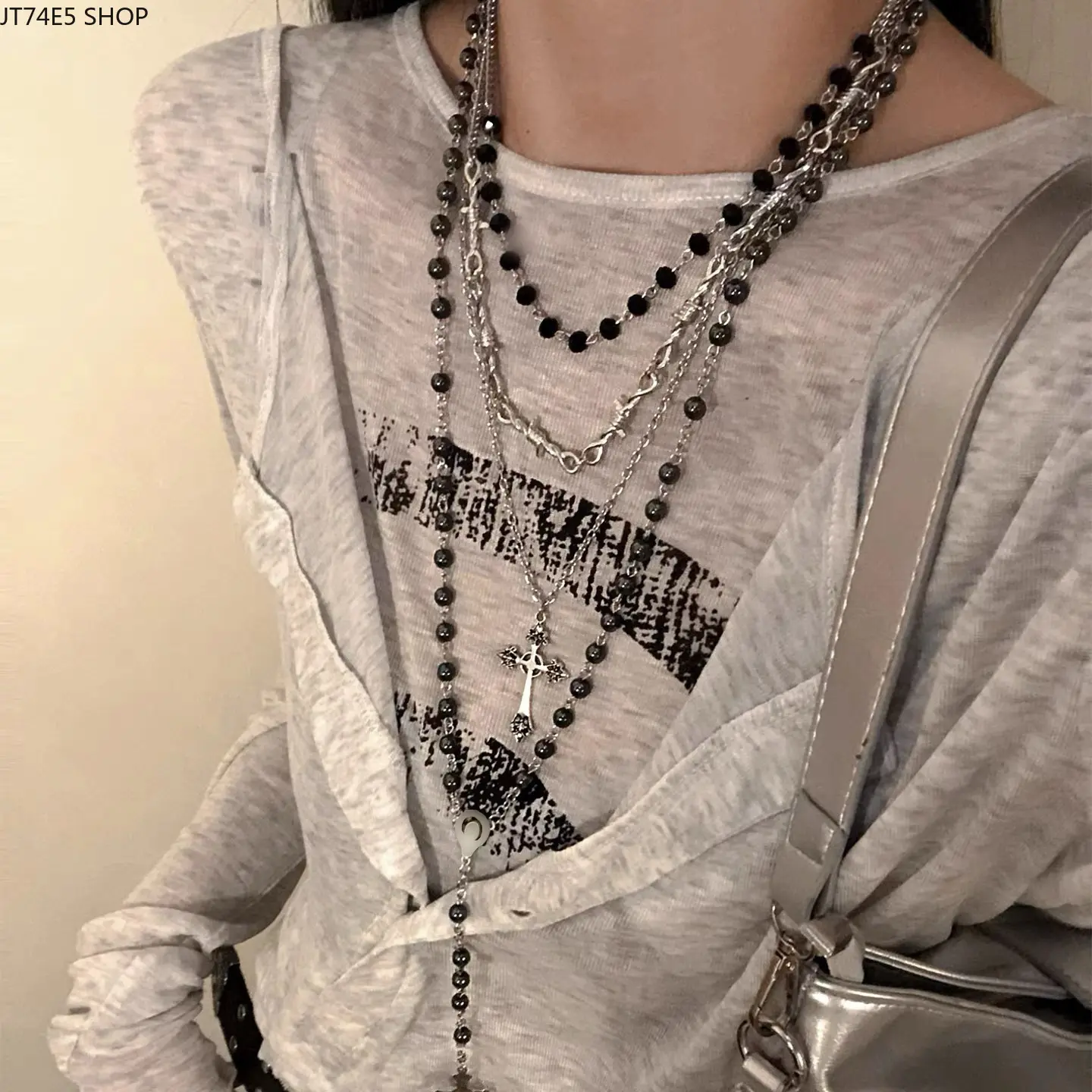 Y2K Gothic Stacked Cross Pendant Necklace, Sweet Cool Spice Girl Clavicle Chain & Long Sweater Chain for Subculture Girls