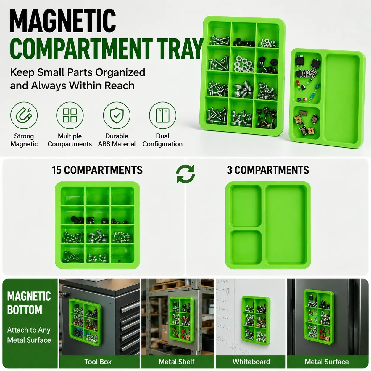 Strong Magnetic Multi-Compartment Plastic Parts Box, Anti-Loss Screw Organizer, Ideal for Garage Nails and Small Hardware, Tool Boxes, Tool Storage Container