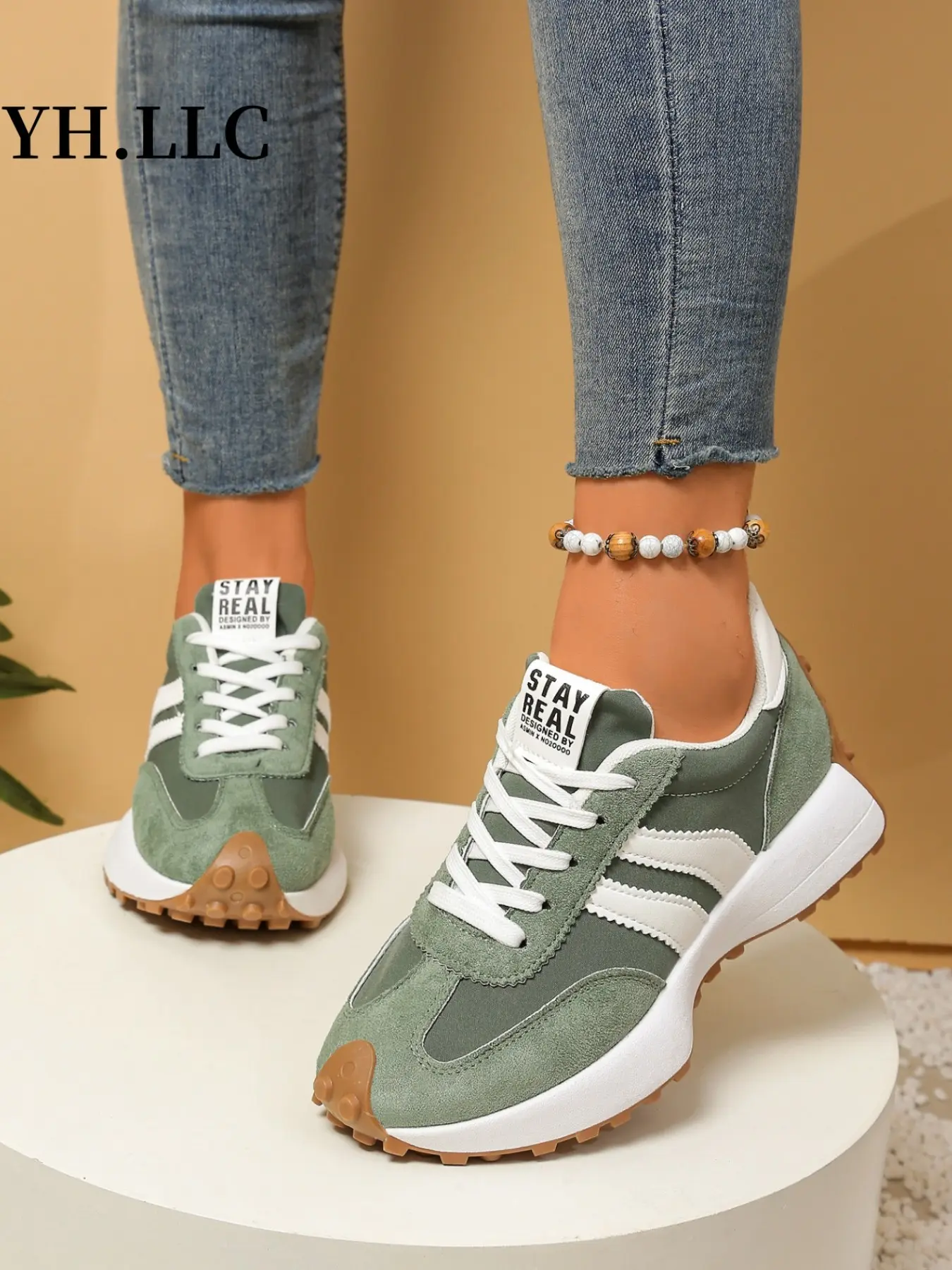 Comfortable Retro Striped Thick Soled Sneakers, Neutral Rubber Sole Walking Training Shoes, Lightweight Vintage Casual Sports Shoes
