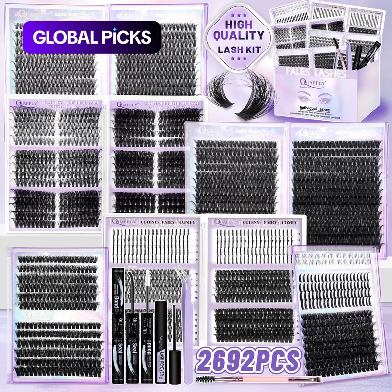 QUAFFLY 2692Pcs Eyelash Cluster Extensions with Bond & Seal, Remover, Tweezers and Dual-Ended Brush, Mega DIY Lash Kit with Volume Fluffy Lashes, Wispy, Spikes & Bottom Lashes #GLOBAL PICKS