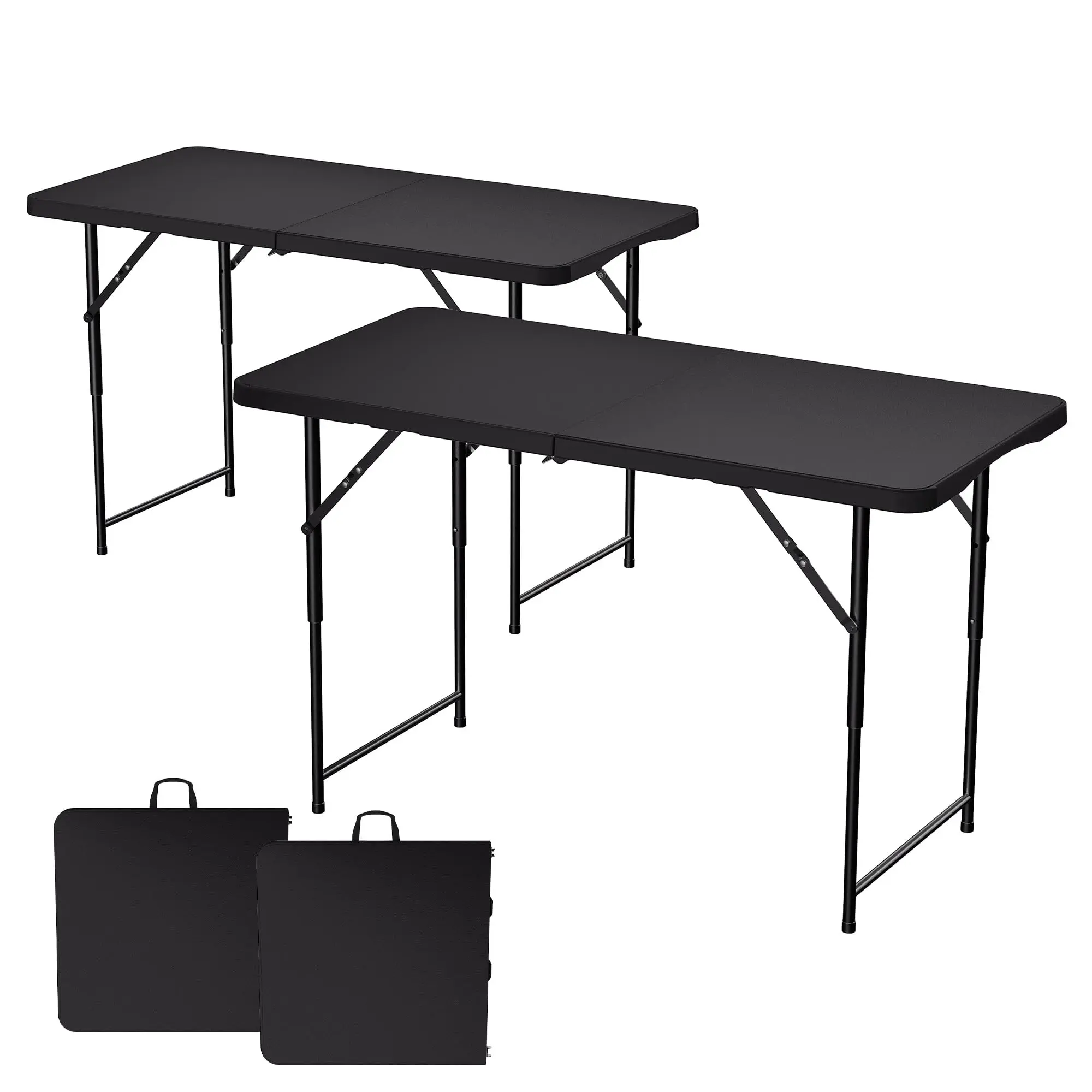 2-Pack Rectangular 4ft Fold-Up Adjustable Height Folding Tables with HDPE Top, Carry Handle, Heavy-Duty Metal Frame, 400 lb Capacity, for Indoor/Outdoor Picnic Camping Use (White+Gray/Black+Black Spray Plastic Tops)