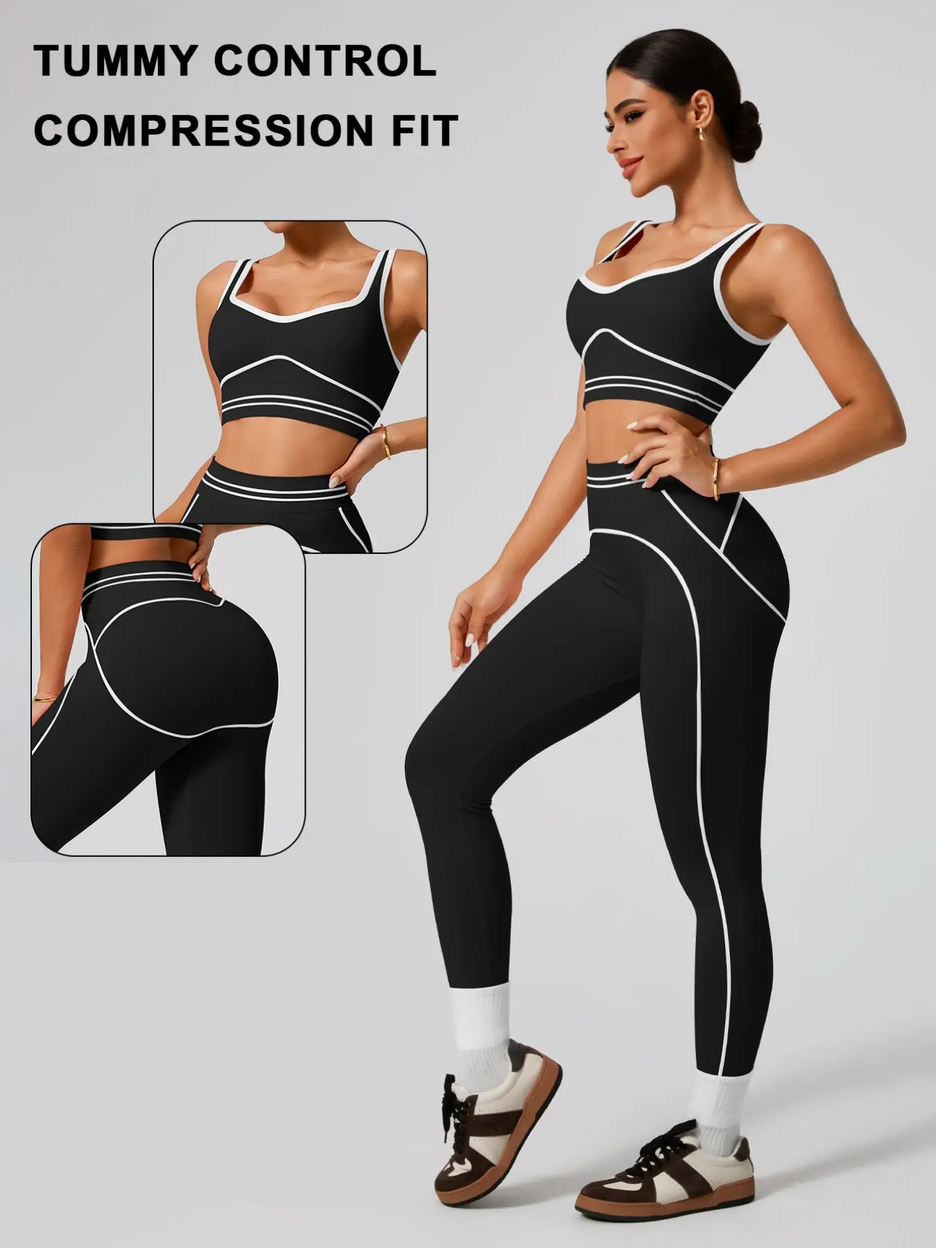 Qfen Sport Women's Colorblock Design Sports Bra and High Waist Tight Pants Set, Detachable Pads, Butt Lifter, Yoga Fitness Daily Wear, Athleisure Sportswear Set, Athleisure Activewear, Exercise Clothing Set