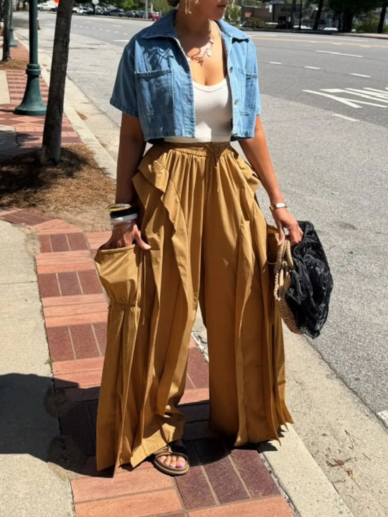 Solid Color Casual High Waist Oversize Wide Leg Pants, Patchwork Hem Workwear Pants, Loose Fit Long Pants with Pockets, Driver Style, Daily Wear, Bottoms, Flowy Palazzo Trousers