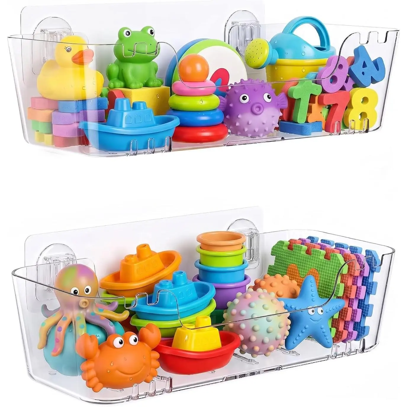 Toy Storage Organizer, 2 Pack Large Capacity Bathtub Toy Holder with Drain Holes, No Drill Wall Mounted Shower Basket, Durable Plastic Quick-Dry Drainable Storage for Bathroom