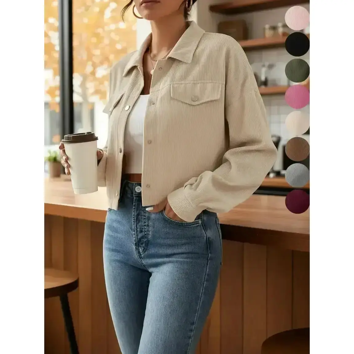 Women's Plain Button Front Drop Shoulder Jacket, Casual Pocket Design Long Sleeve Corduroy Jacket for Fall & Winter