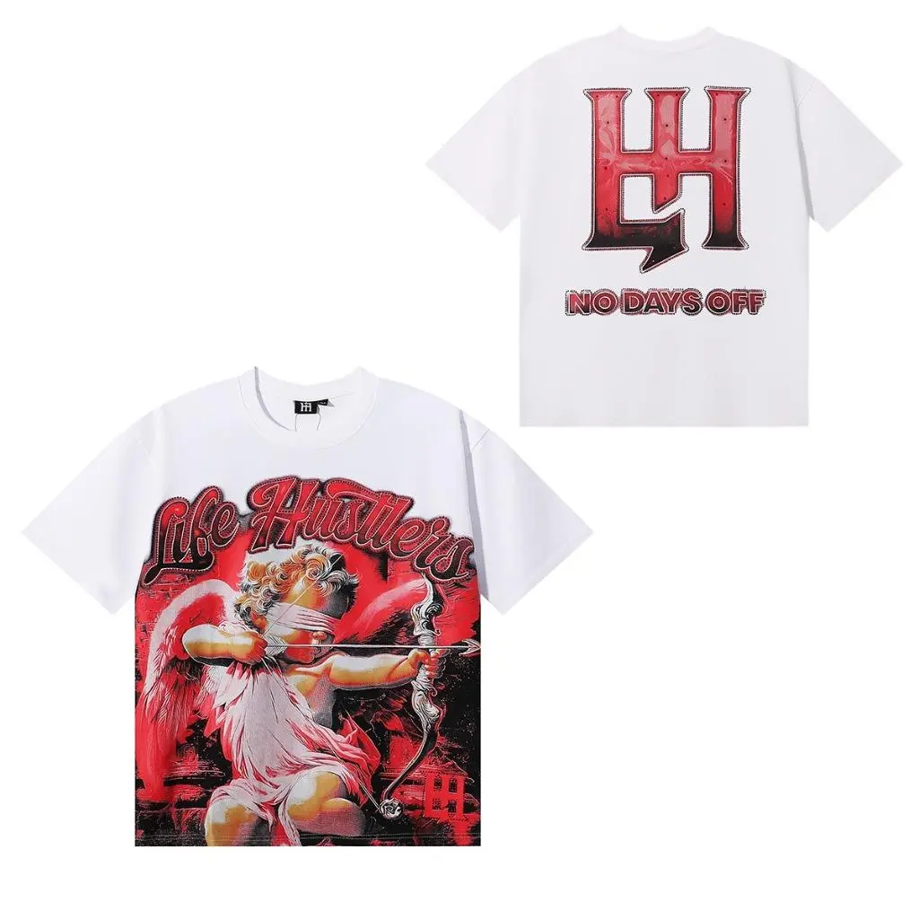 Men's Retro Angel Graphic T-Shirt, Oversized Cotton Streetwear Crewneck with Front and Back Screenprint, Cotton Graphic Tees, Front-Back