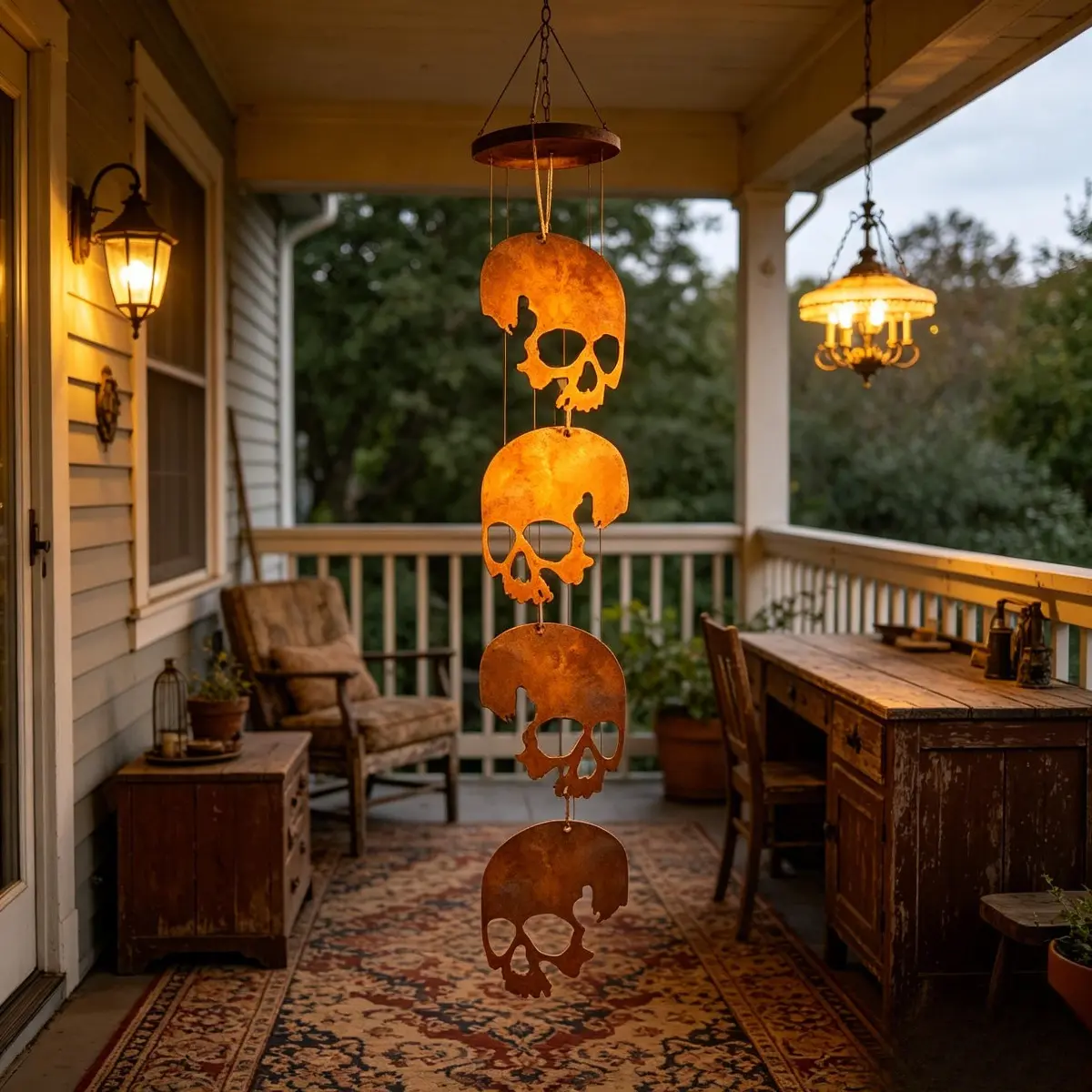 Premium 4-Pack Rusted Metal Skull Hanging Decor, High-Quality Vintage Rusty Iron Skeleton Sculpture, Metal Sculptures, Dark Aesthetic Outdoor Garden Wind Spinner Ornaments, Exquisite Gothic Holiday Accent Pieces