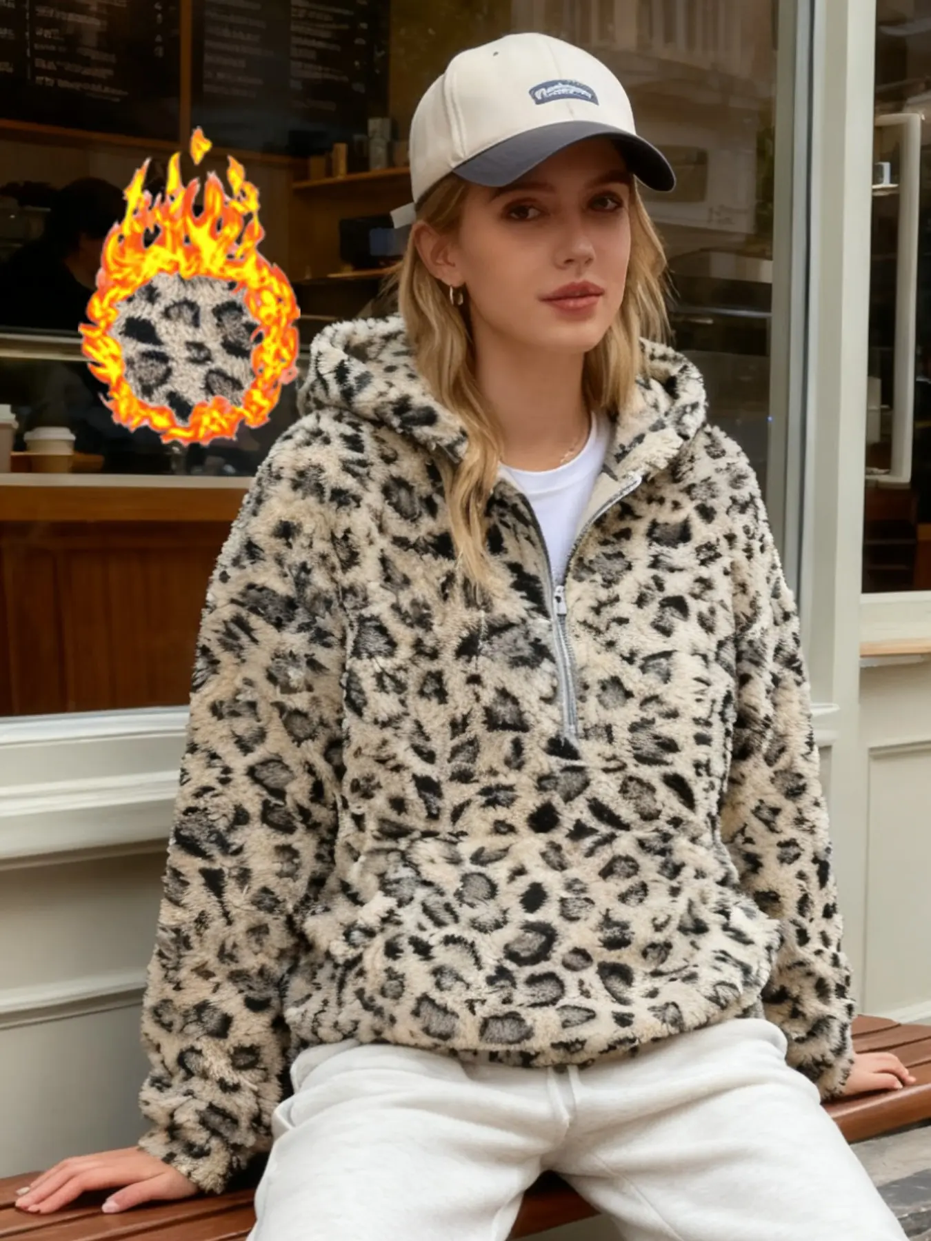 Plush Jacket, Casual Sport Half Zip Hoodie, Leopard Pattern, Loose-Fitting, Comfortable Outerwear for Daily Wear, Casual Comfy Jacket