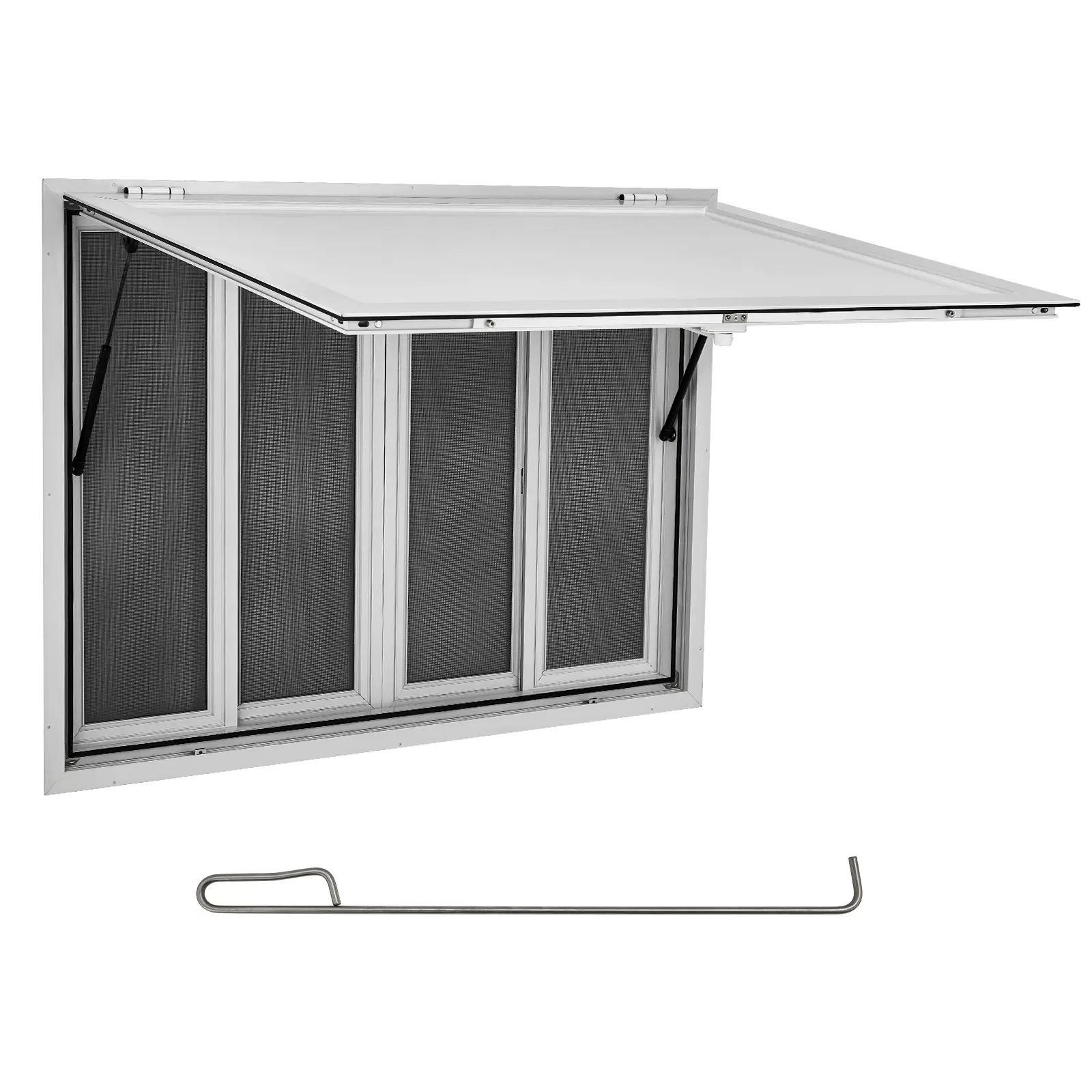 Durable Aluminum Alloy Concession Window for Food Trucks & Trailers – 4 Horizontal Sliding Mesh Screen Windows, Awning Door, Drag Hook, Weatherproof Service Window – Ideal for Outdoor Catering