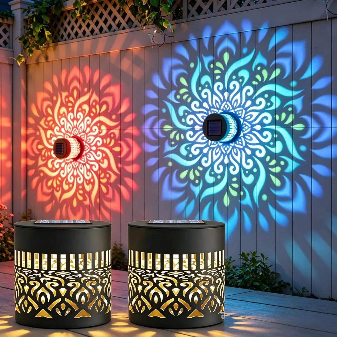 2Pcs Solar Mandala Projector Lights – 7 RGB Colors, Rustproof Metal Hollow, Waterproof Fence Light for Garden Patio Backyard Deck Decor, Outdoor Step Wall Lights, Christmas Decorative Lamp