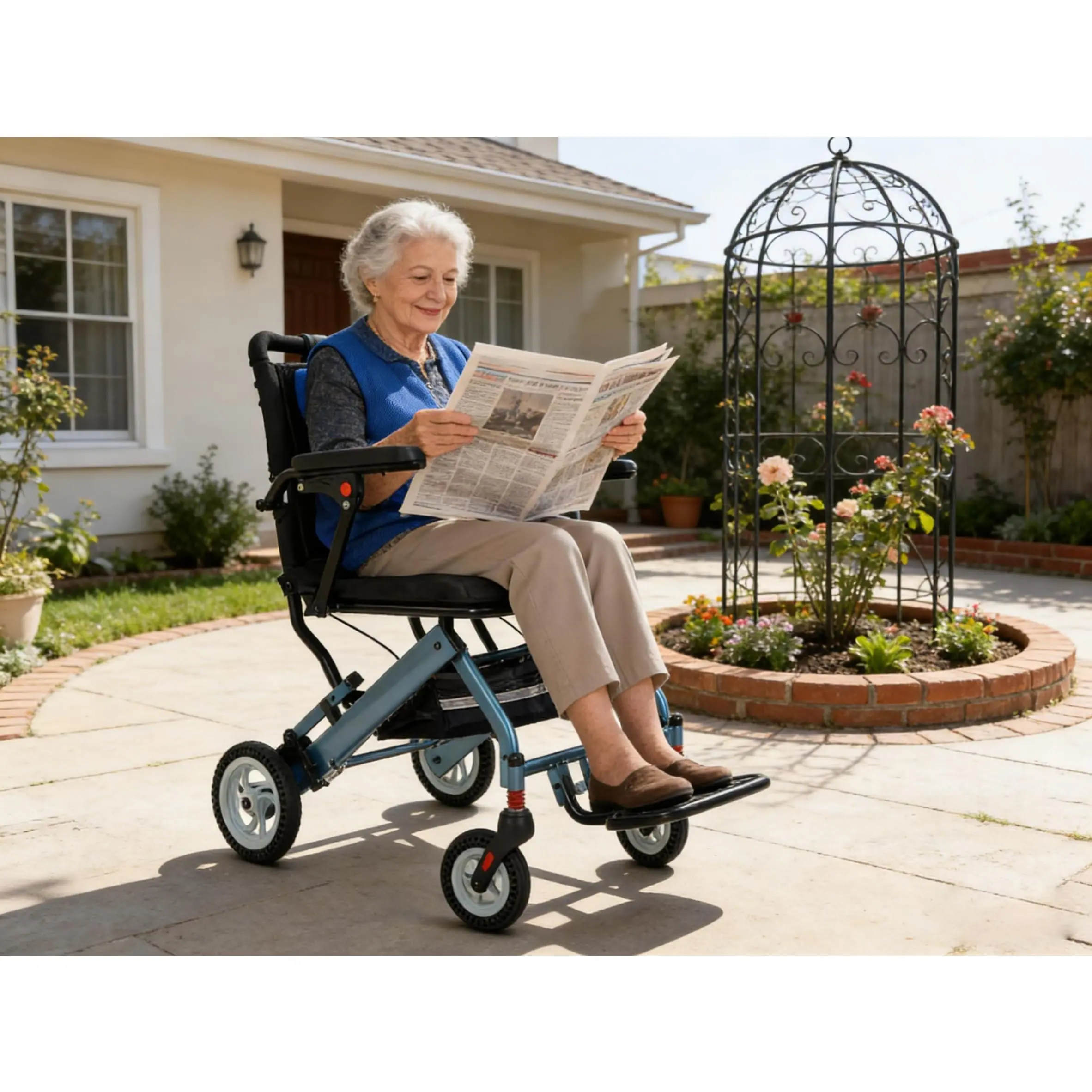 Lightweight Foldable Transport Chair - 16 in Wide Seat, Aircraft-Grade Aluminum Frame, 280° Flip-Back Armrests, Swing-Away Footrests, Dual Handbrakes, Smooth PVC Components, 300 lbs Capacity, Compact for Travel, Comfortable