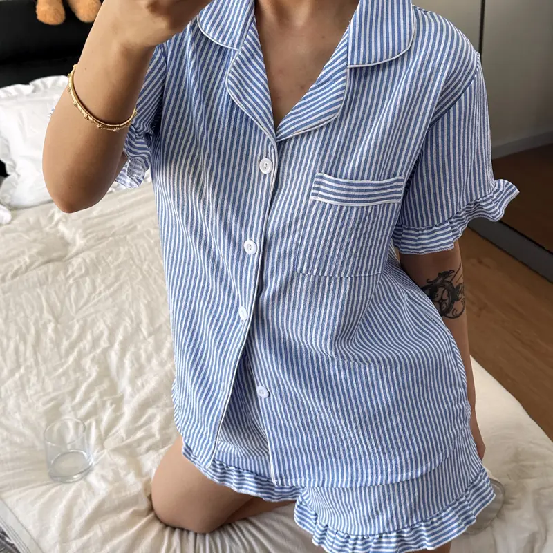 Valentine's Day Women's Sleepwear Set, Soft Striped Blue Print Ruffle Short Sleeve Shorts Pajamas Pjs, Open Front Collar Comfortable Loungewear Sets Homewear Ruffled