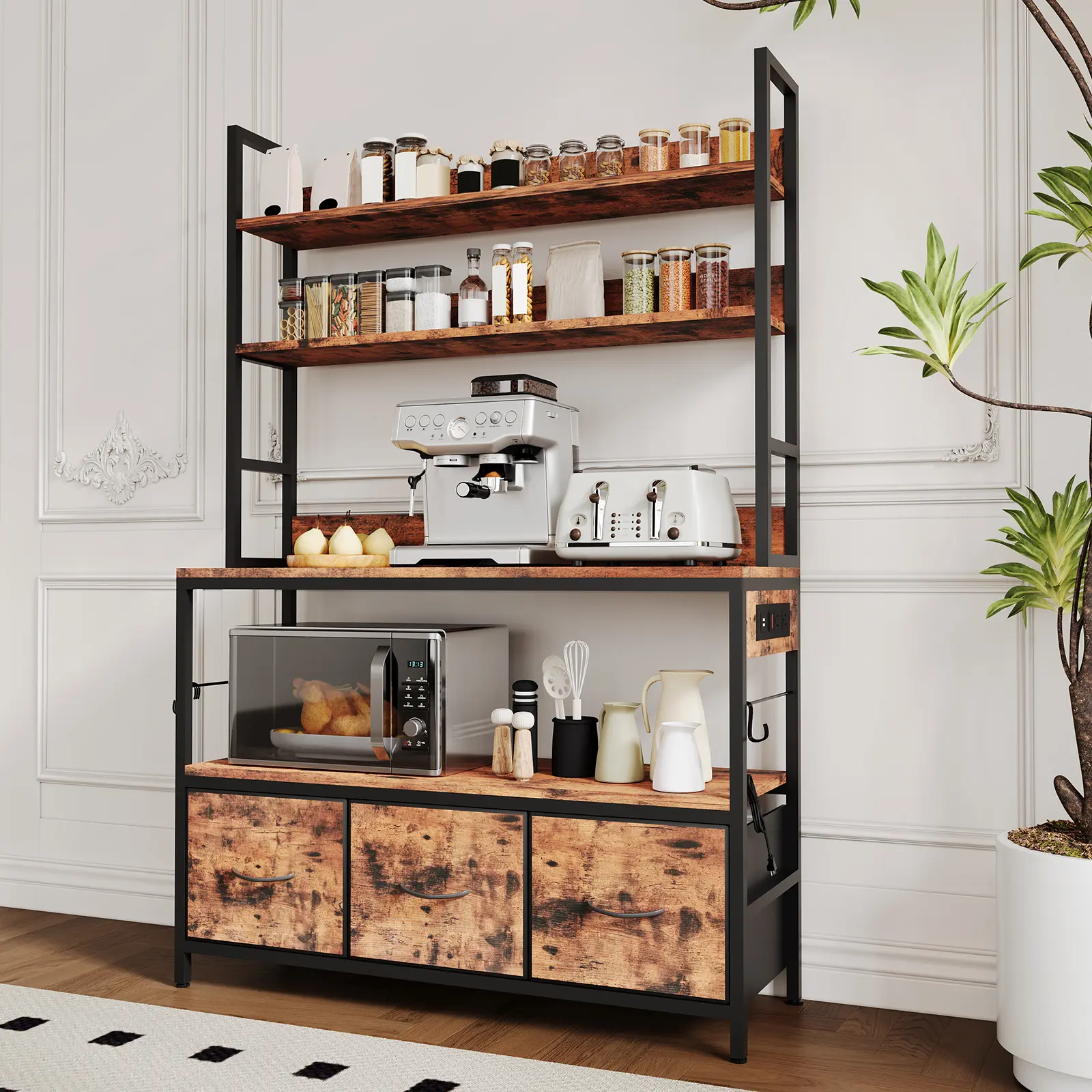 6-Tier Industrial Kitchen Bakers Rack with Charging Station, 63in Microwave Stand for Kitchen Organization, Freestanding Utility Storage Shelf for Dining Room, Apartments