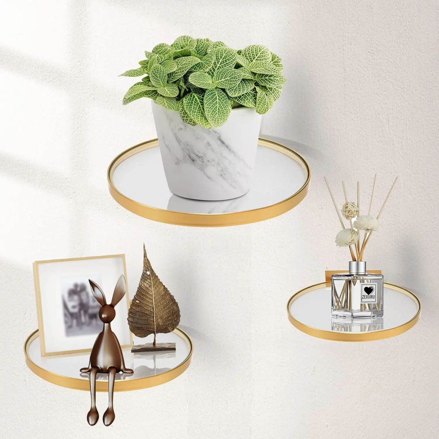 ZEXUIRU 3-Set Modular Gold Floating Shelves, Metal & Tempered Glass Wall-Mounted Shelf Rack Holder with Mixed Sizes (7.8in/5.9in/3.9in) for Bathroom & Living Room Home Decor, Modular Wall-Mounted Floating Shelves