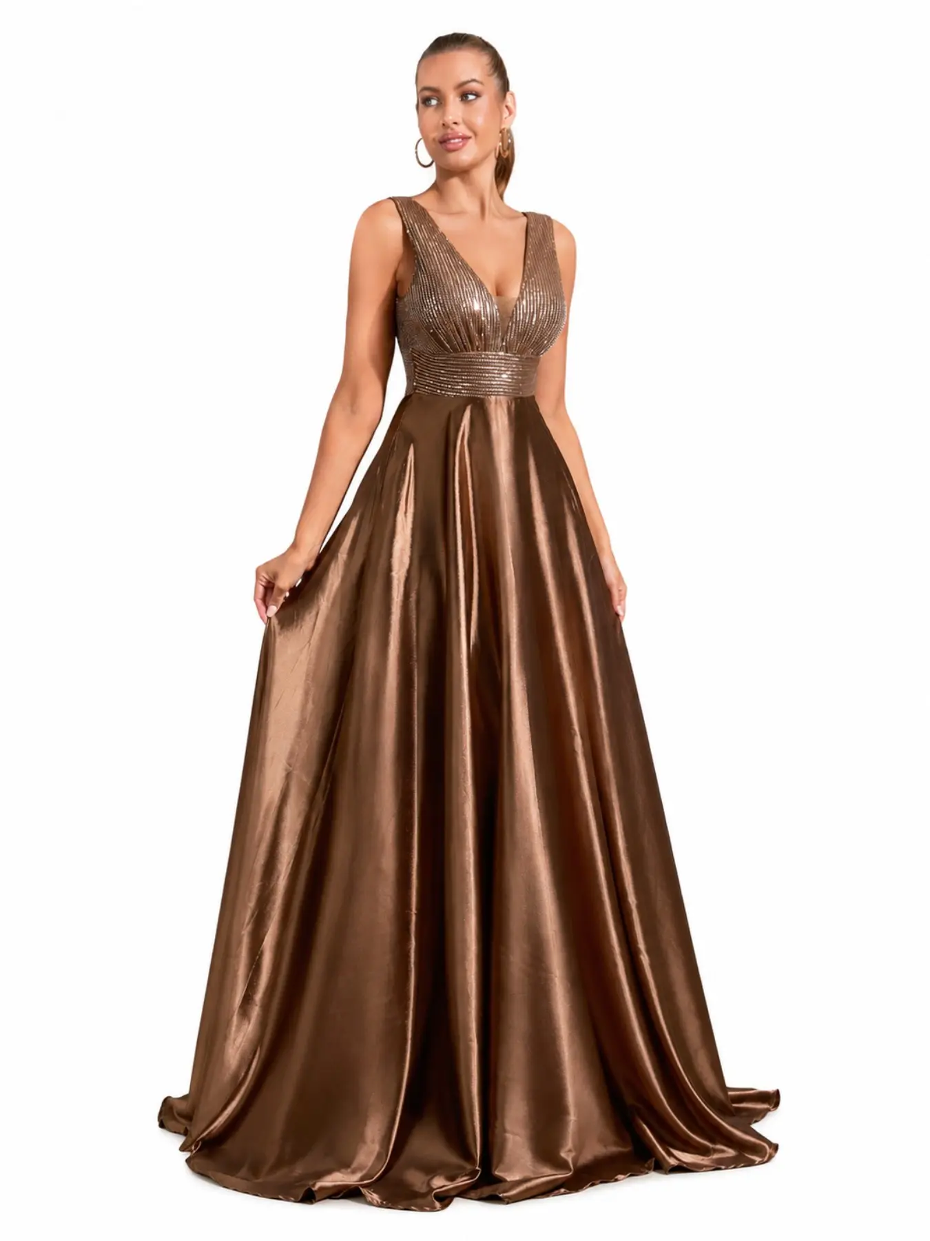 Women Sleeveless Deep V Neck Sequined Satin Evening Gown, High Waist A Line Floor Length Formal Long Dress with Pockets, Elegant Prom Bridesmaid Wedding Guest Cocktail Party Maxi Dress