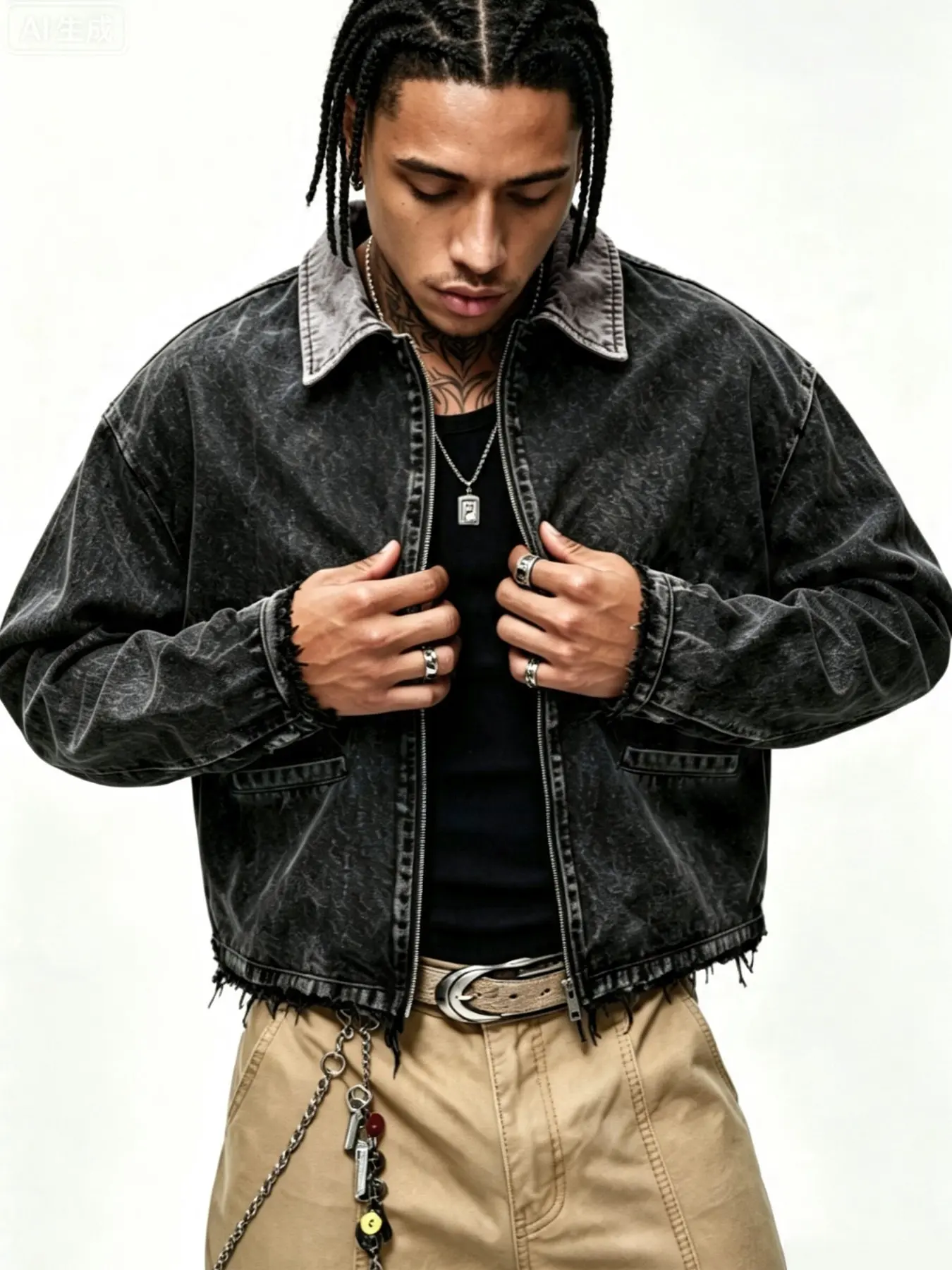 Men's American Street Style Vintage Zipper Denim Casual Jacket Coats, Frayed Edge Design, High Fashion Streetwear, Unlock Retro Vibes