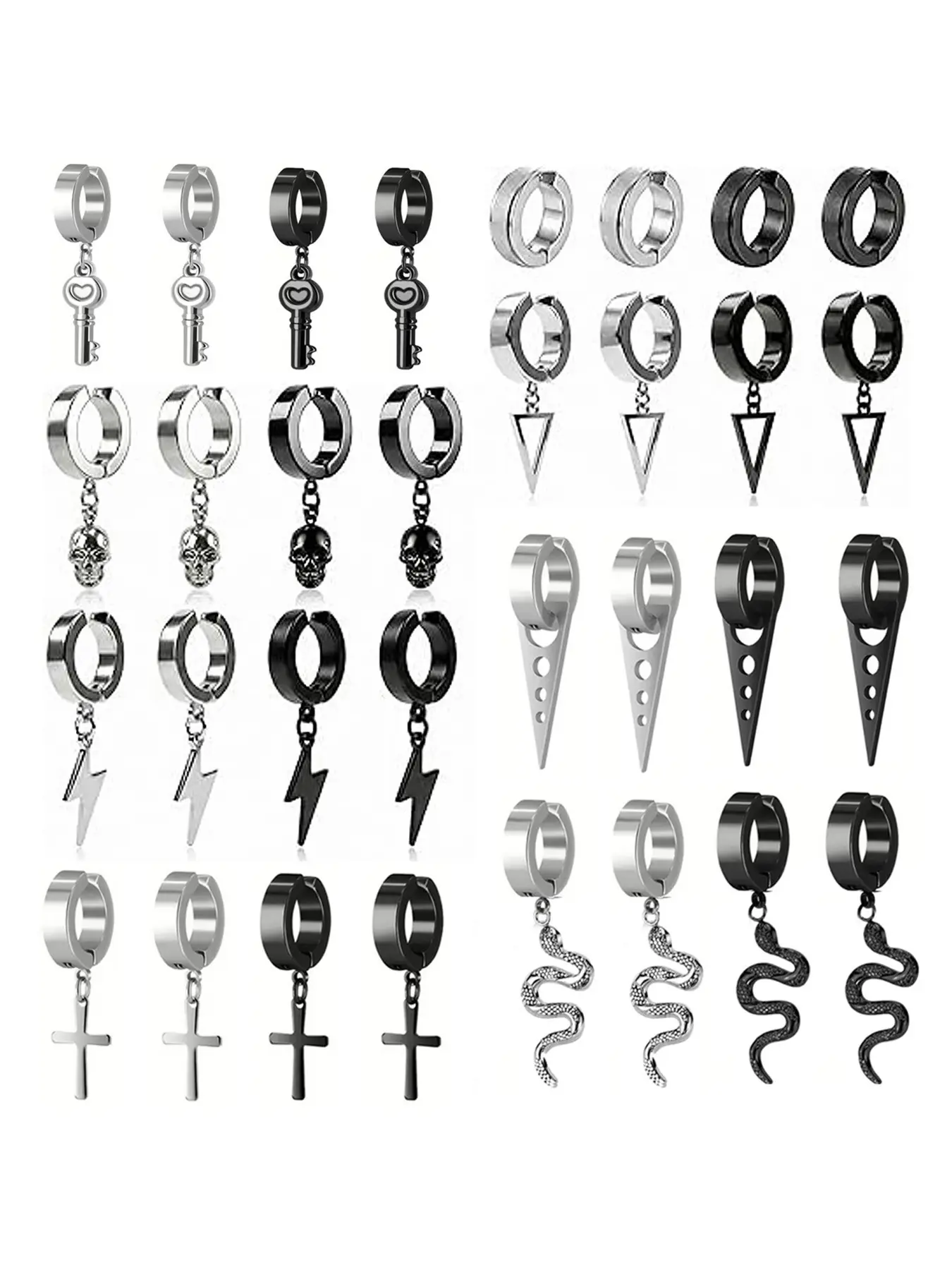 16 Pairs Clip-On Earrings, Non-Piercing Fake Hoop Earrings for Men and Women, Pain-Free Stainless Steel, and Silver Color