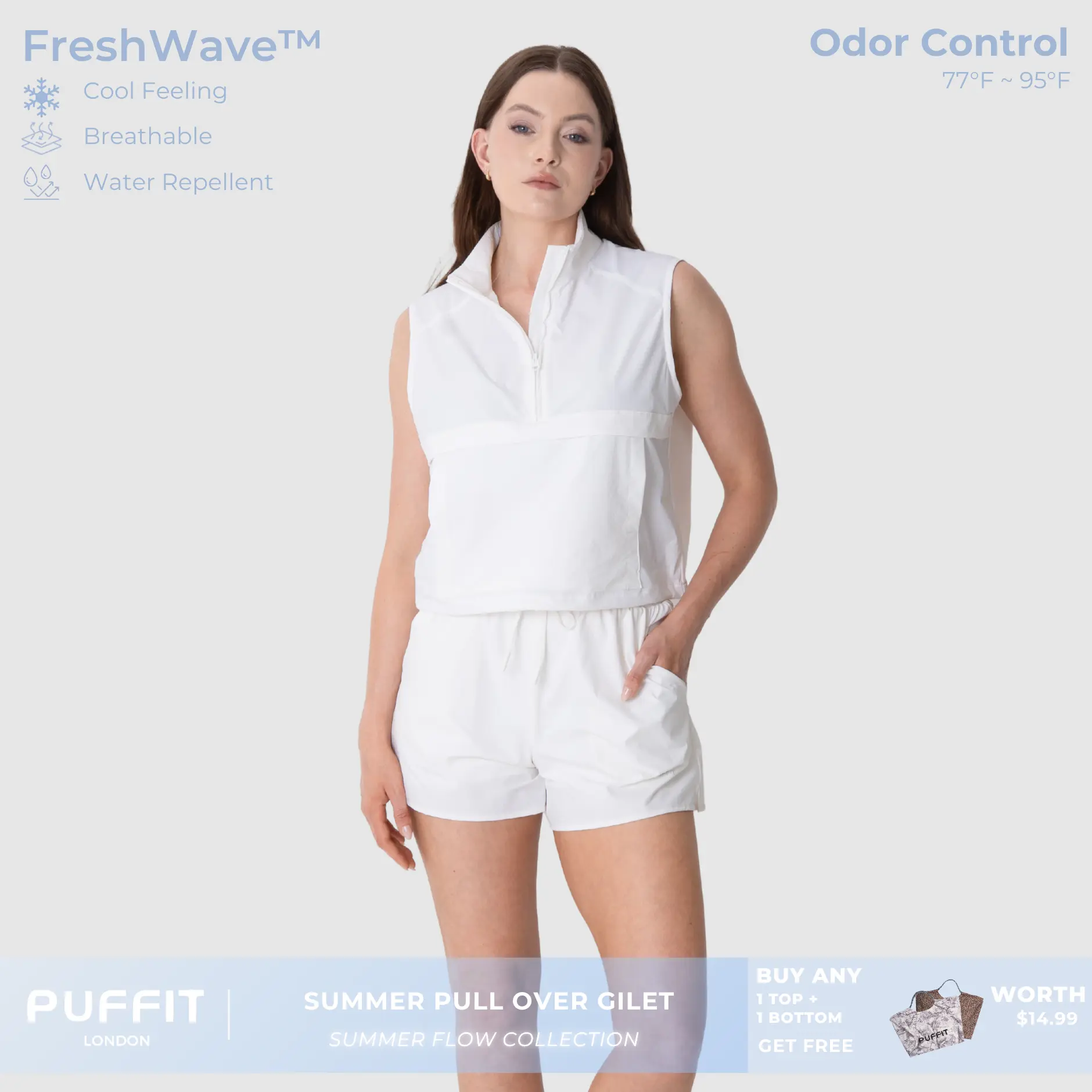 PUFFIT Summer Flow Short Gilet,Sleeveless,Stain Resistant,Water Repellent,Breathable,Odor,Control,Womenswear,Outdoor,Sport,Out Wear,Dog Walking