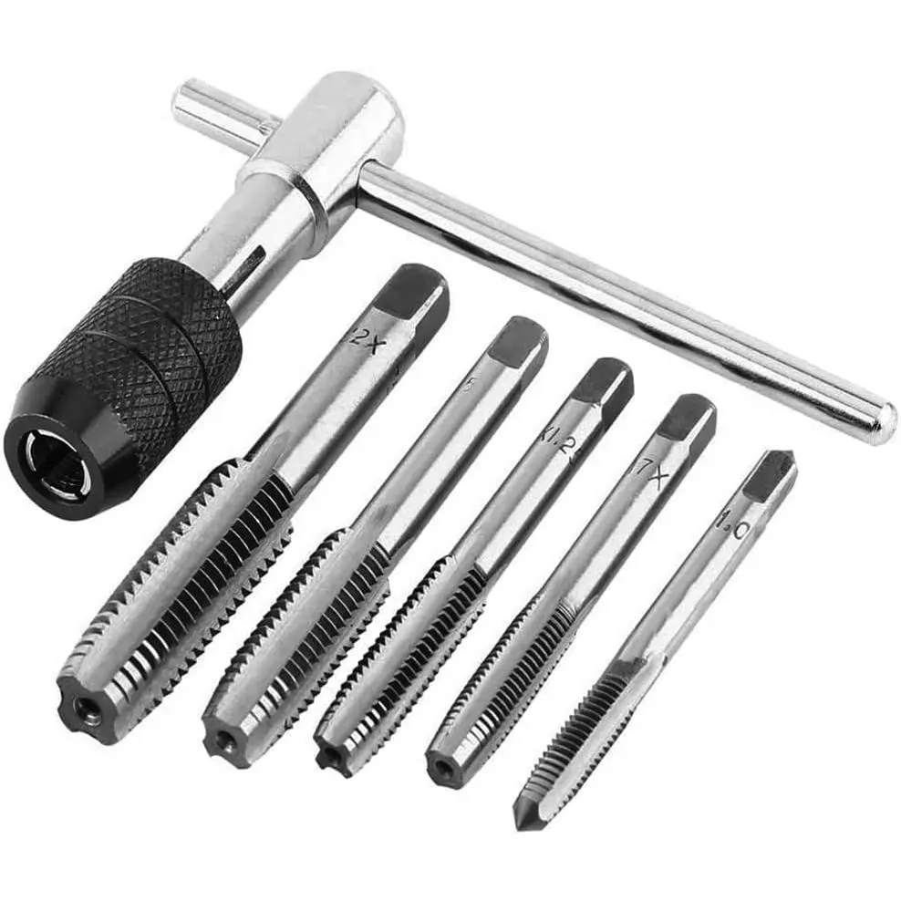 6 count Tap Wrench Tool Set, Adjustable T-Handle Tap Holder Wrench with Machine Screw Thread Metric Plug Taps M3 M4 M5 M6 M8 Taps for Metal//Plastic/