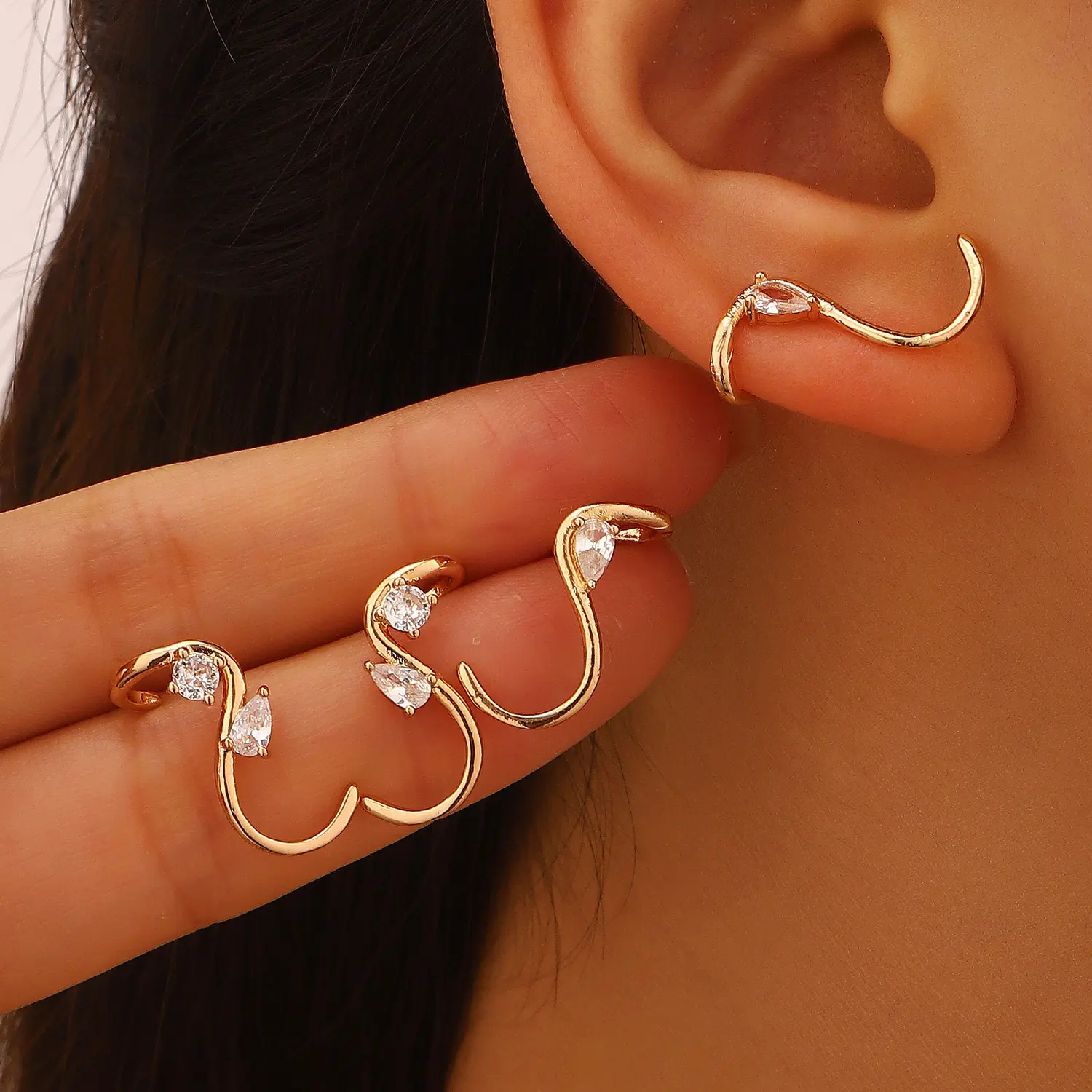 Rhinestone S-Shaped Ear Climbers for Women, Minimalist Teardrop Cut Ear Crawlers, Lightweight Sparkling Jewelry for a Night Out, Ear Crystals