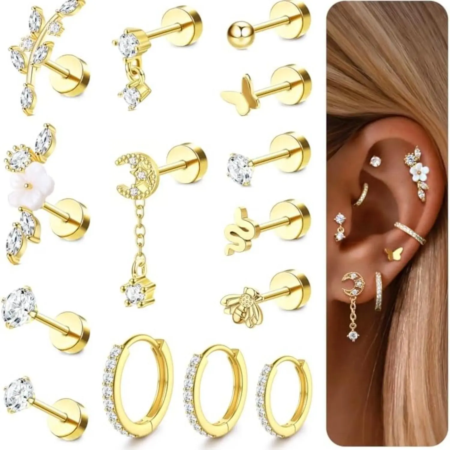 FIASASO 12/14Pcs 16G Helix Piercing Jewellery Surgical Steel Tragus Earrings Set Flat Back Earrings Stud Helix Hoop Cartilage Earring Silver Gold Conch Daith Tragus Piercing Jewellery Single PC