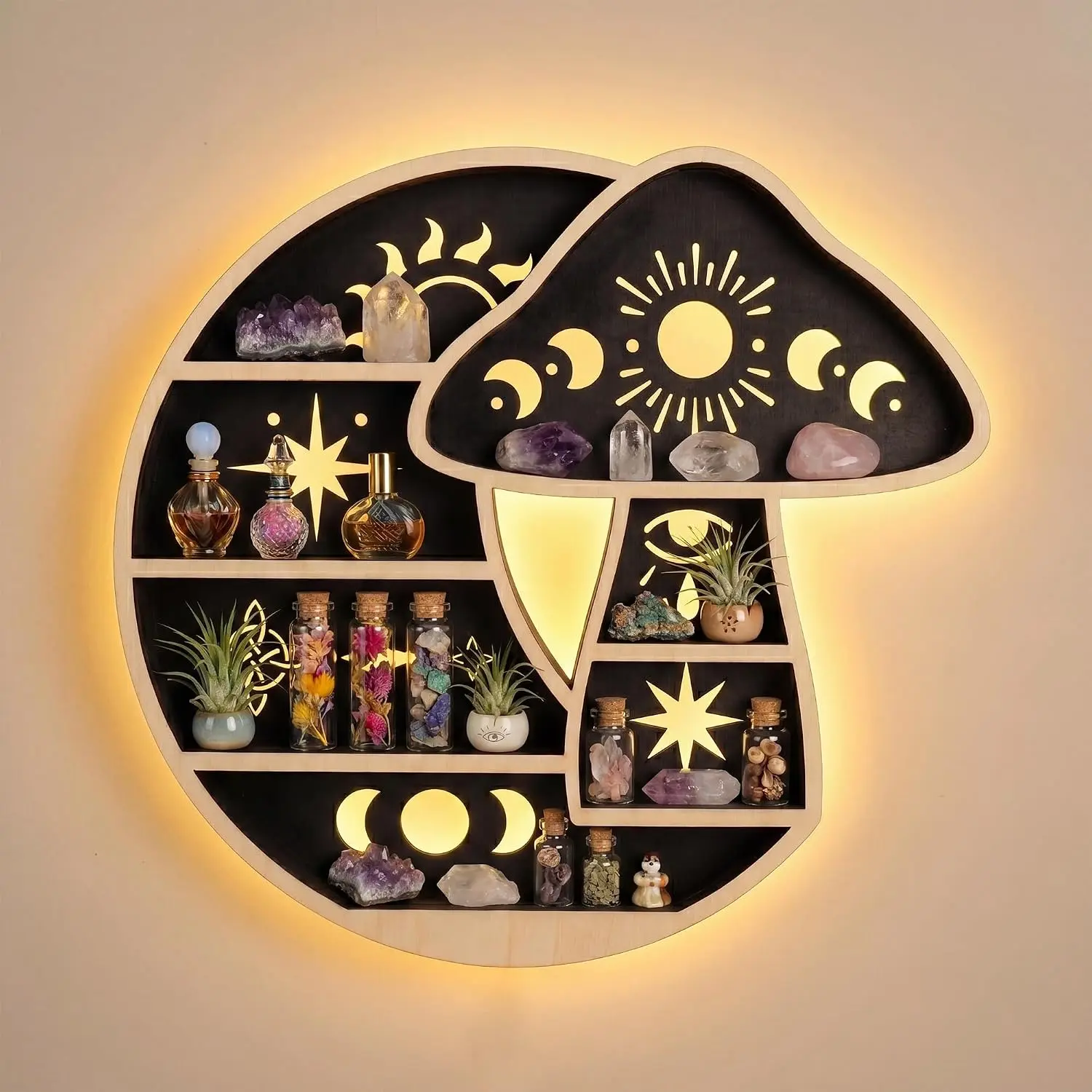 Crescent Moon Shelf with LED Light, Wooden Mushroom Shelf for Crystals Rocks Gems Healing Stones, Trinket Knick Knack Bohomian Witchy Wiccan Shelves Wall Mounted