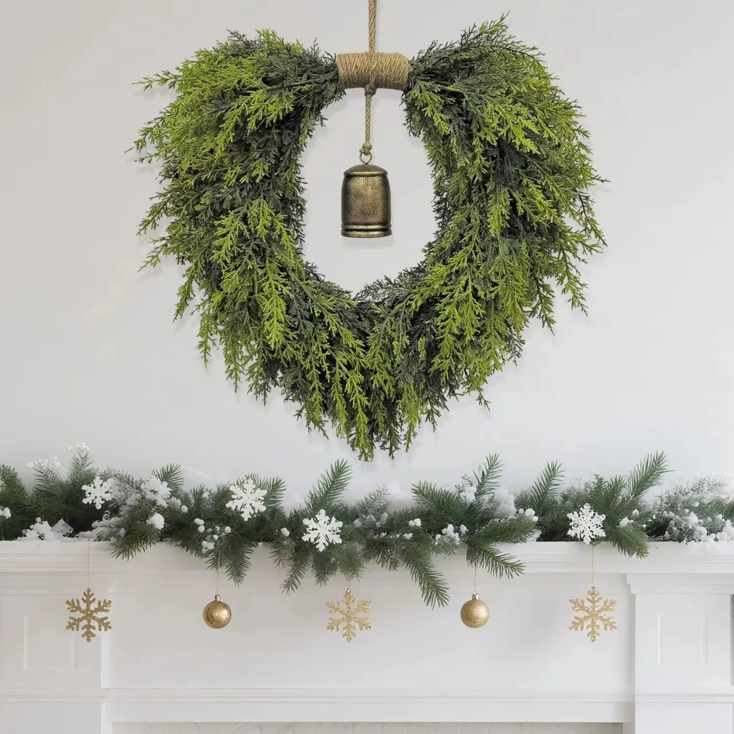 Heart-Shaped Front Door Wreath, Artificial Greenery with Vintage Metal Bell, Waterproof Cypress Foliage, Christmas Decor for Indoor/outdoor, Holiday Ornament