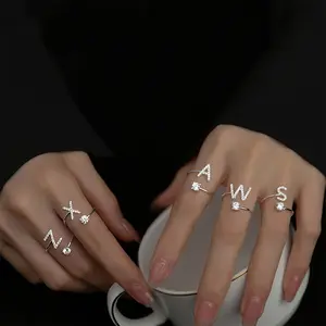 Adjustable Initial Letter Ring for Women, Dainty Paved Zircon Open Wrap Alphabet Ring, Personalized Silver Letter Stackable Finger Ring, Custom Name Initial Jewelry Gift for Birthday Valentine’s Day