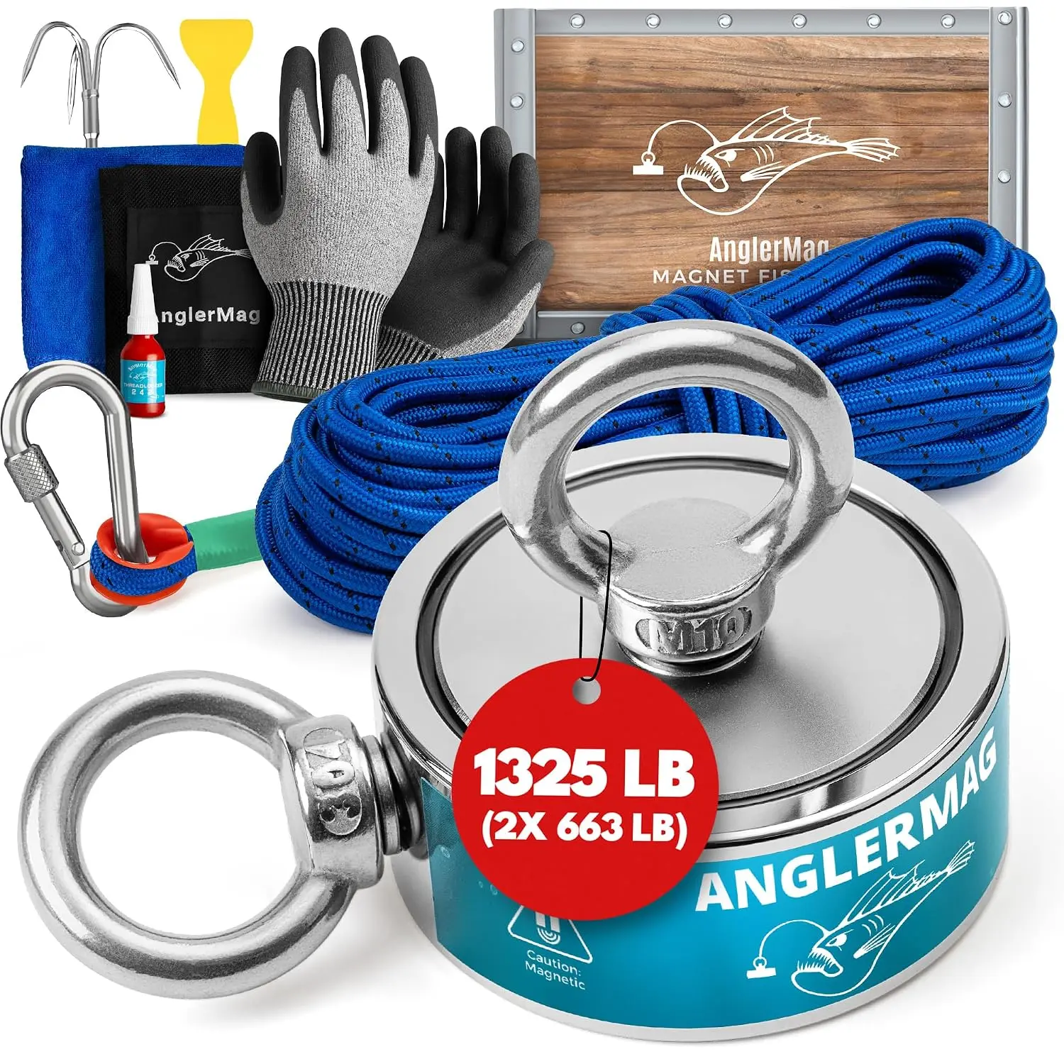 AnglerMag™  Fishing Kit - 1325 lbs Double Sided Neodymium  Fishing Stuff with Rope - 10 count Extra  Complete  Set with eBook, Carabiner, Gloves, Grappling Hook & Carrying Bag