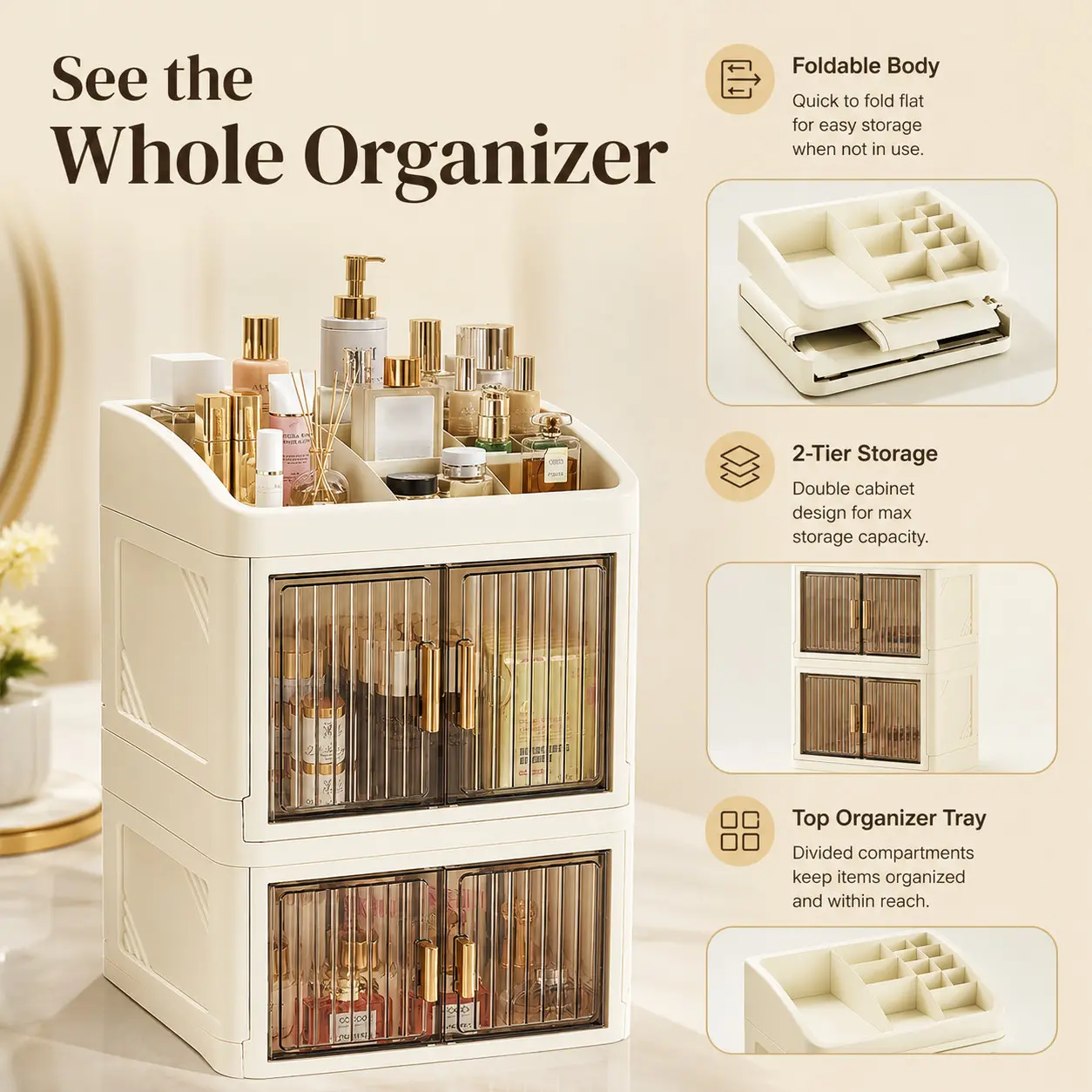 Office Desk Organizer, Foldable Storage Cabinet with Compartments, Transparent Door for Visibility, Cosmetic Desktop Organizer