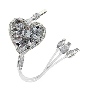 Multi Charging Cable, 3-in-1 Bling Rhinestone Retractable Car Charging Cable with Type-C/Lightning/Micro USB Connectors, Universal Sparkly Car Interior Accessory (Pink&White)