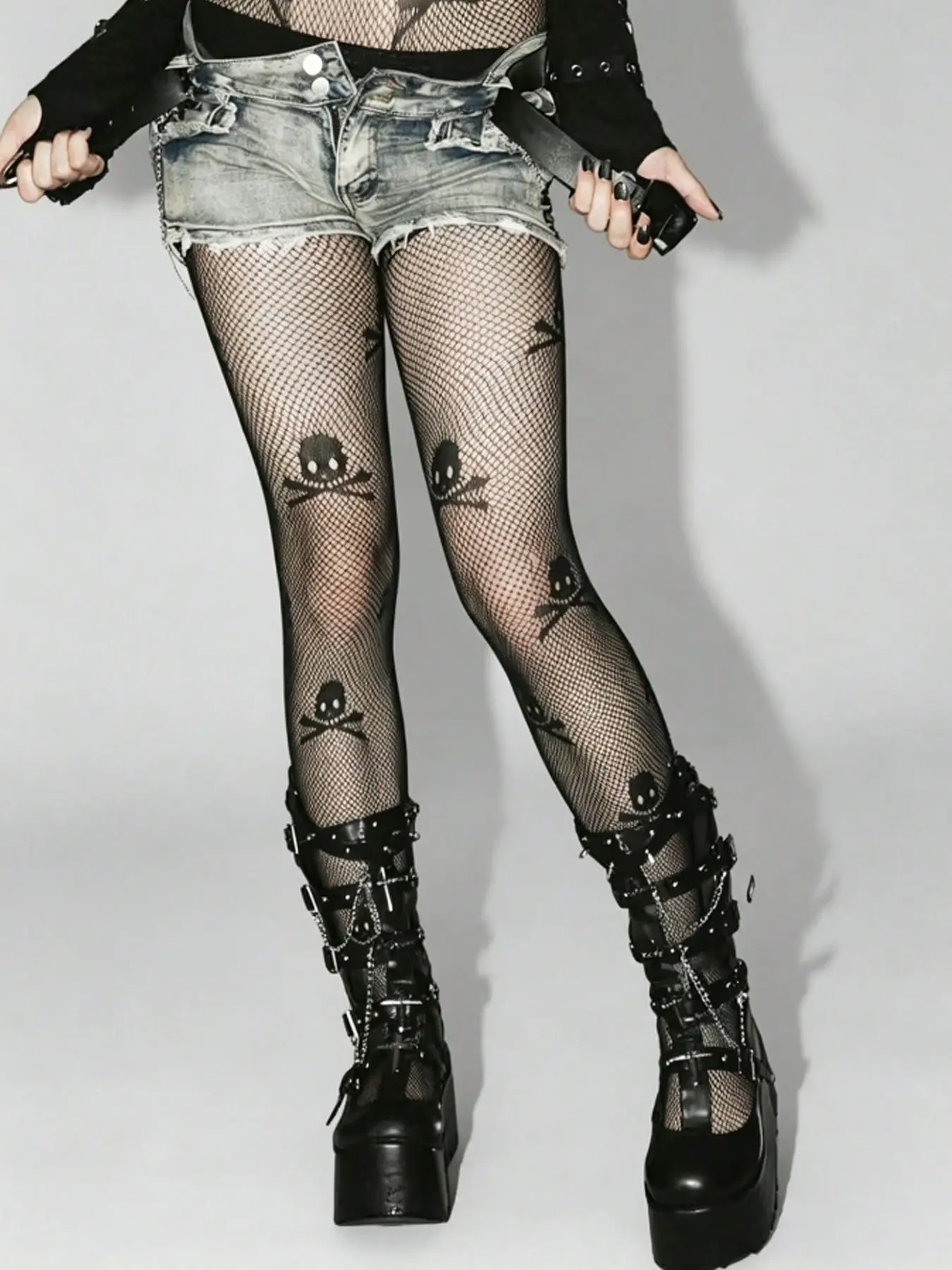 Women's Skull Print Fishnet Stockings, Sheer Gothic Punk Y2K Style Aesthetic, Casual Fitted Natural Waist, Perfect for Halloween