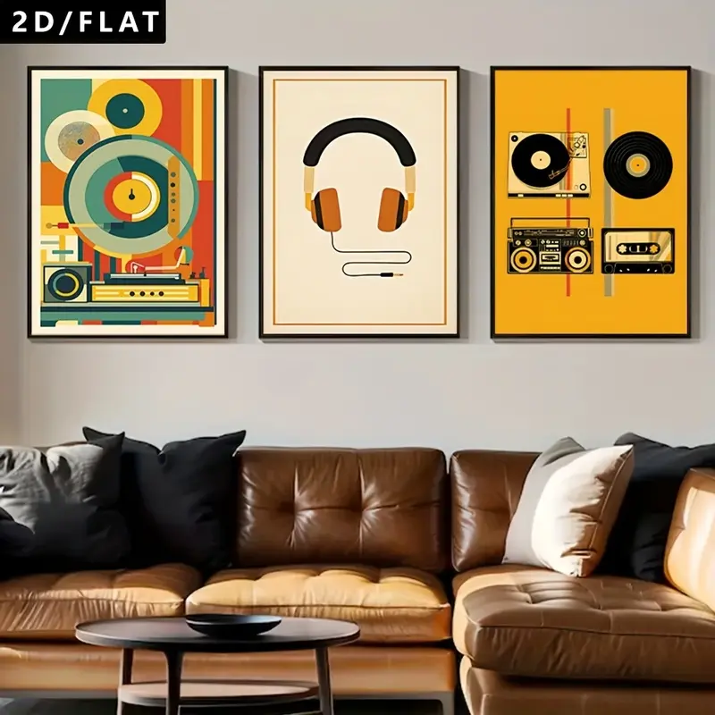 2D/Flat-style 3-Piece Set: Gramophone, radio, headphones, vinyl record, and cassette tape (vintage music elements).Art canvas posters/prints suitable for music classrooms, hotels, bars, restaurants, cafes, bedrooms, and living rooms; unframed.