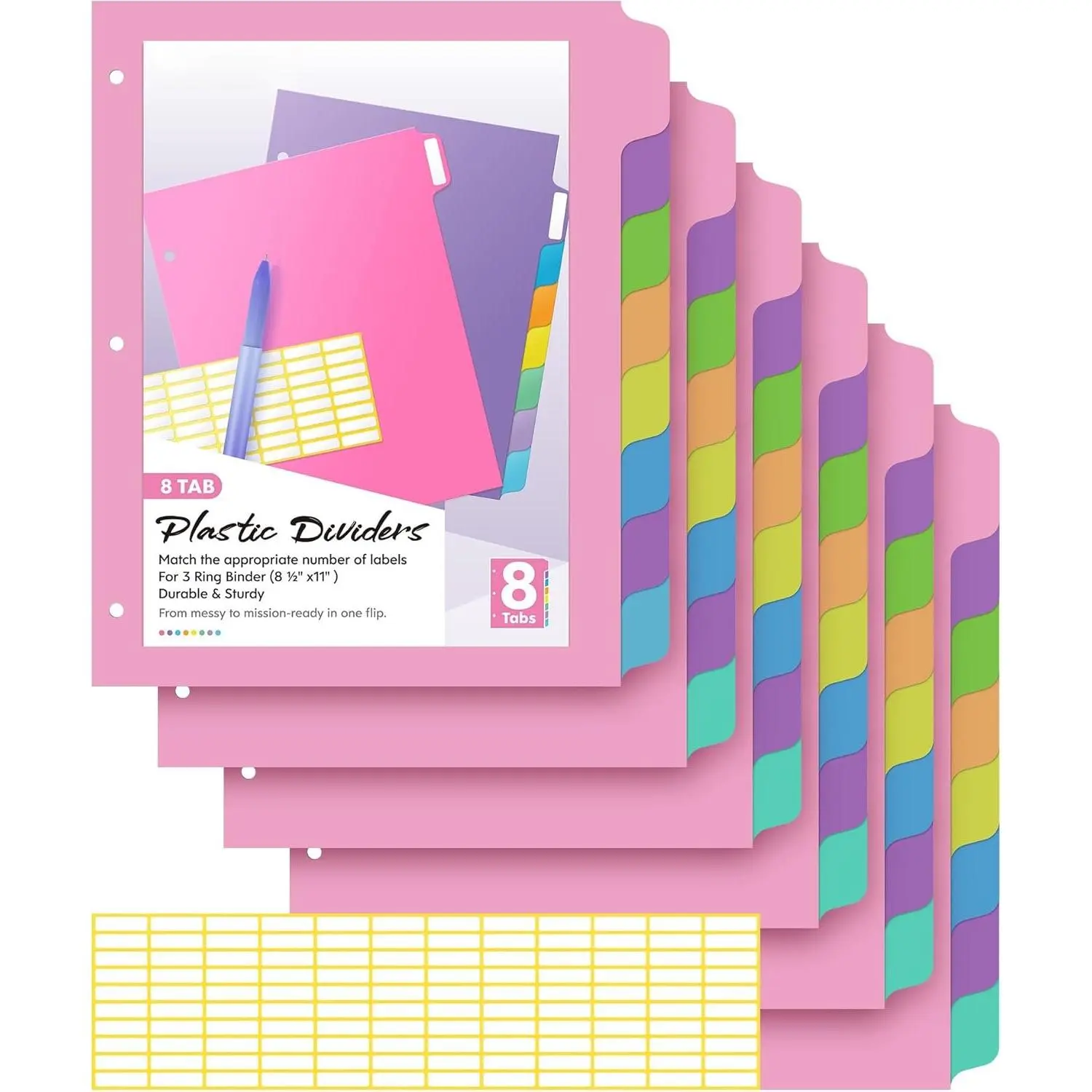 [48Pcs/6Set-8 Tab] Binder Dividers with Tabs, Plastic Dividers for 3 Ring Binder, Letter Size Binder Tabs for Organizing School Office  Files, Write&Erase Notebook/Page Dividers