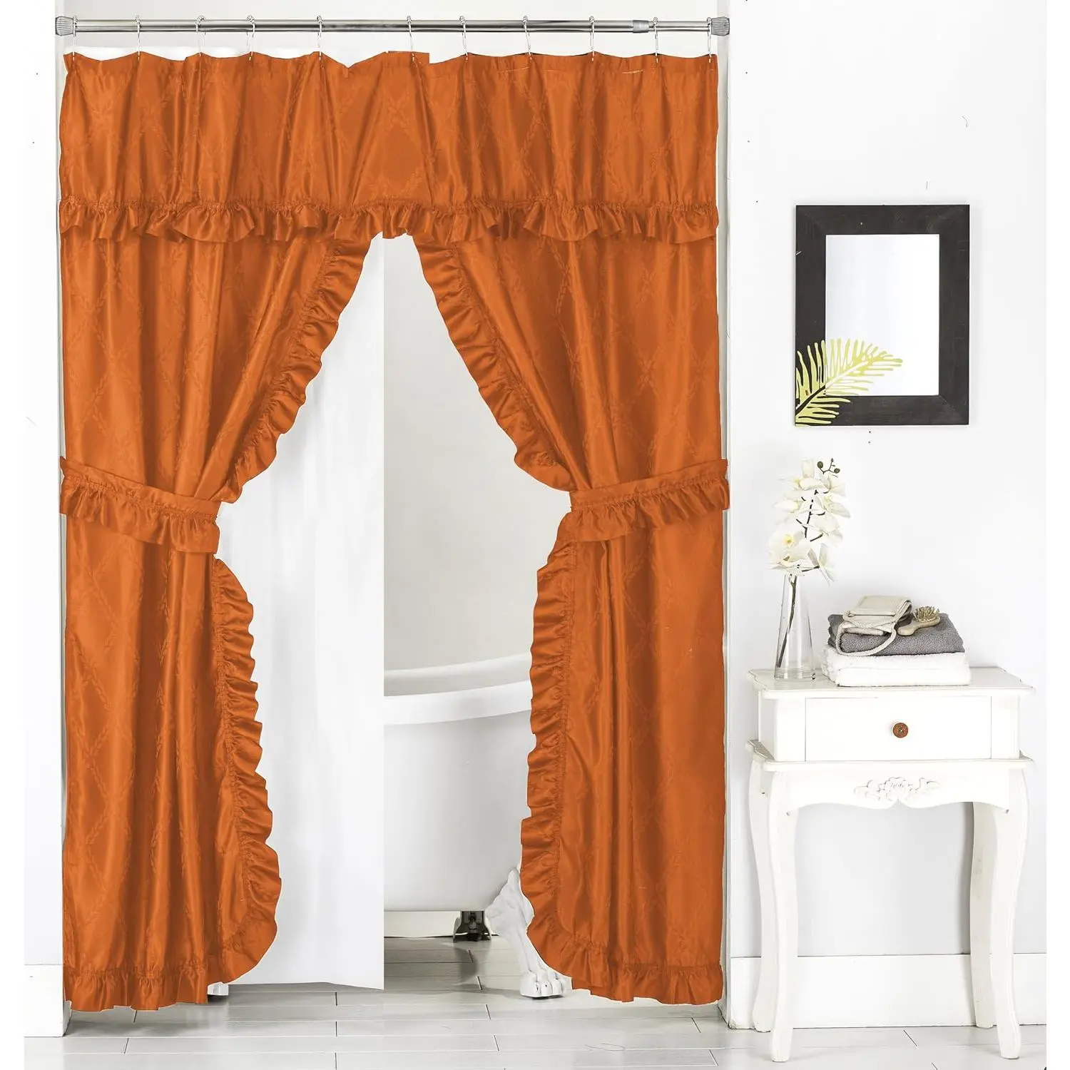 Double Swag Ruffled Fabric Shower Curtain Set, Intersected Leaves , PEVA Liner and Roller Rings (Orange)
