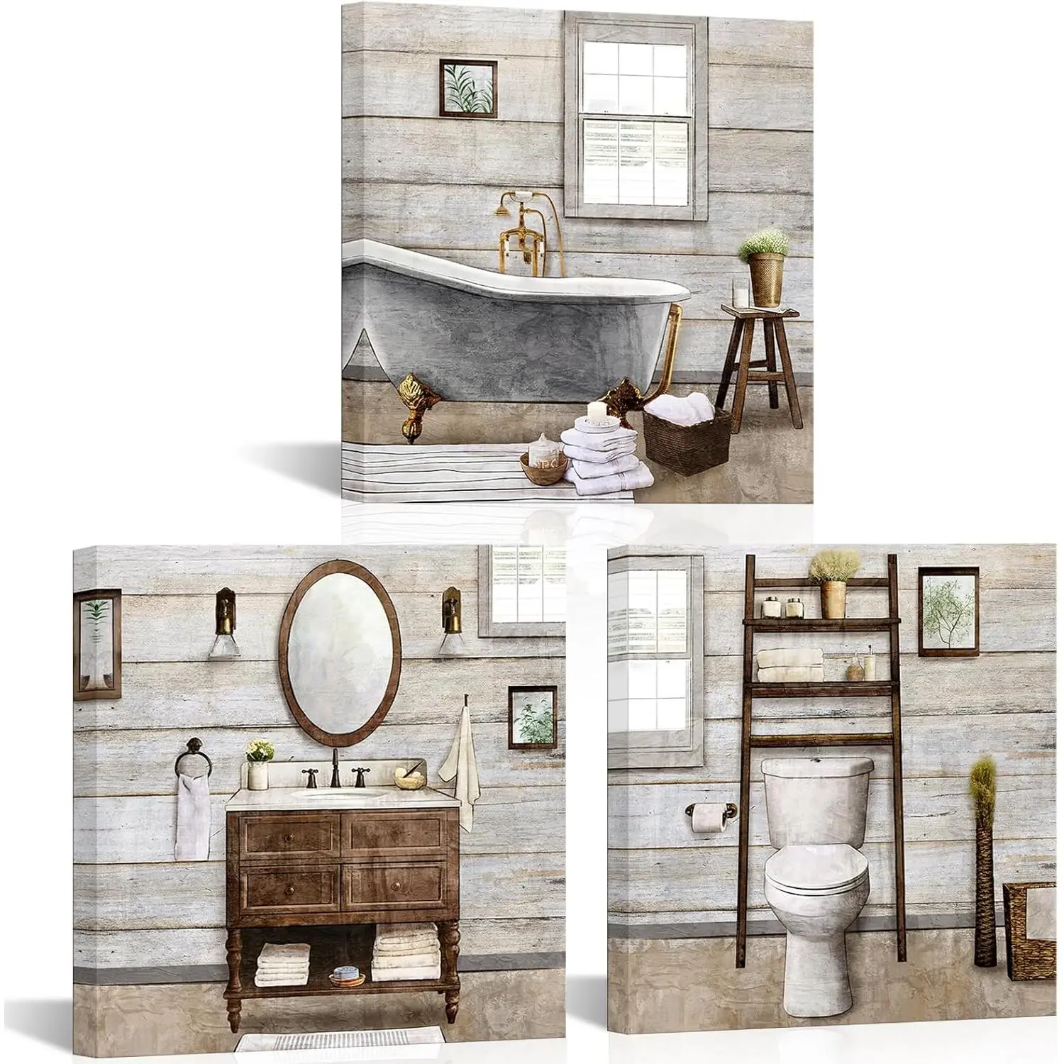 3-Piece 12x12in Framed Wood Canvas Farmhouse Wall Art, Brown Bathroom Pictures Wall Decor with Hook, Kid Room Bedroom Accent for Elevating Your Bathroom Space
