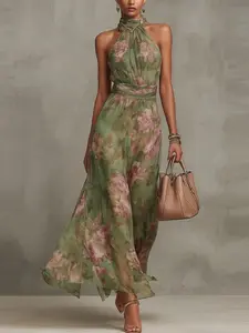 2026 Summer New French Print Floral Sexy Ruched Halter Mesh Dress, High-End Chic Formal Versatile Elegant Retro Waist Cinch Midi Dress, Suitable for Office, Casual Outing