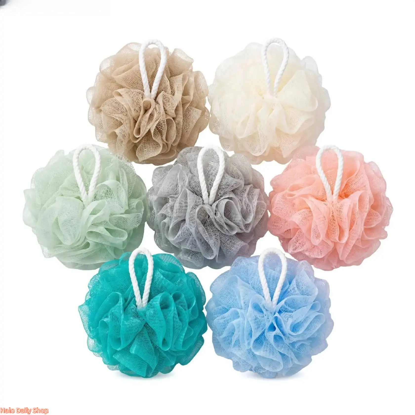 7 Pack Large Bath Loofah Sponge Soft Mesh Shower Pouf Body Scrubber Ball with Hanging Cotton Rope for Family Bathroom Spa, 7Pc, Hangable, Body Pouf, Mesh Sponge, Seven Pieces