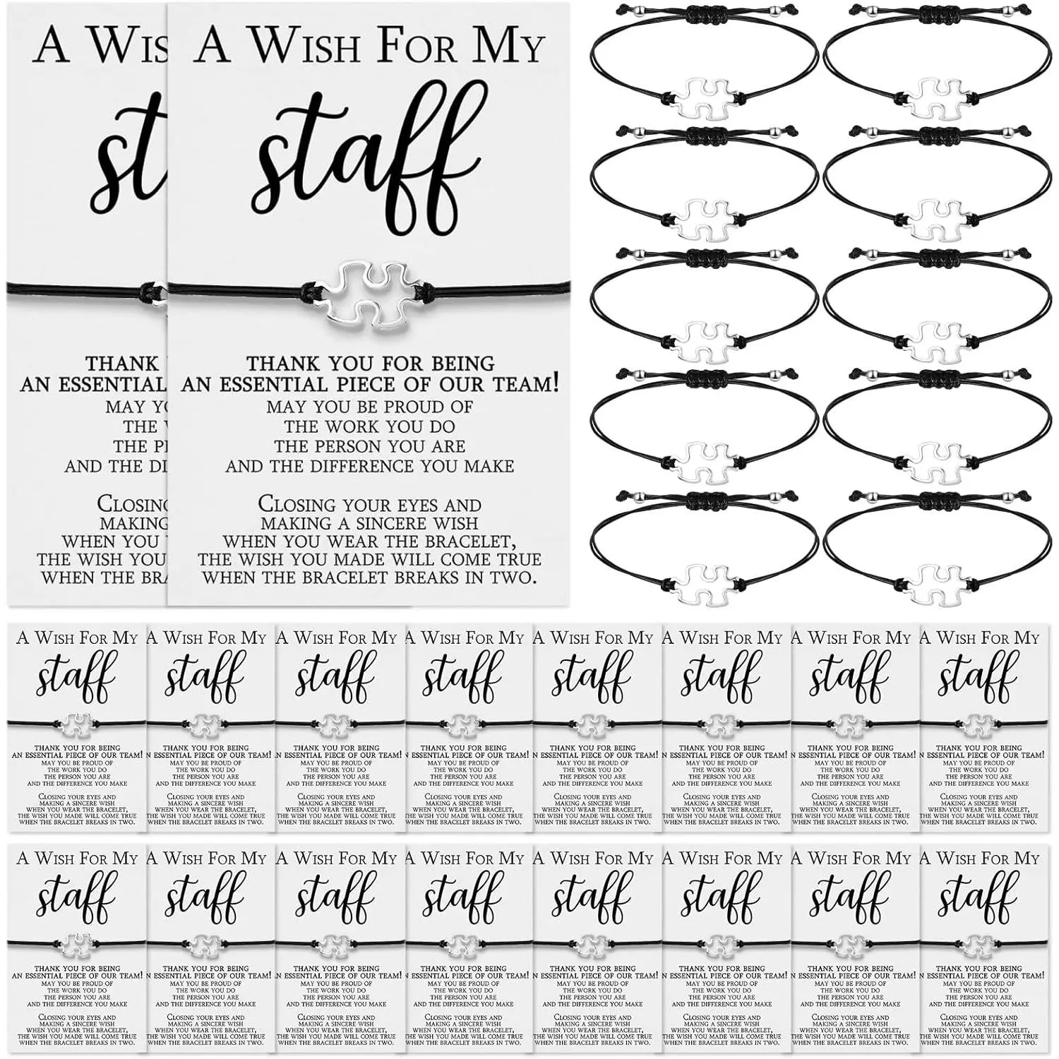 Huquary Staff Appreciation Gifts Bulk | Team Puzzle Piece Bracelet, Thank You Postcard, a Wish for My Staff, for Employee Coworker Teacher