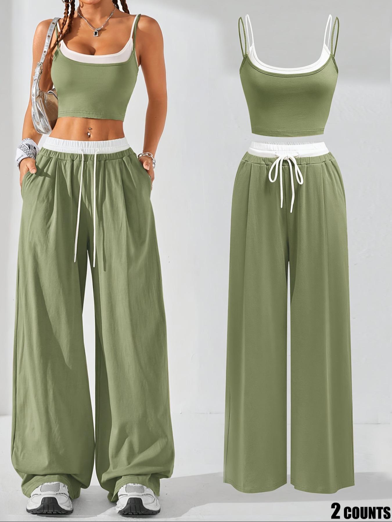 Two-Piece Set Women's Colorblock 2 in 1 Cami Top & Wide Leg Pants Set, Casual Sleeveless Top & Pocket Trousers, Ladies Summer Clothes, Casual Lounge Set, Stretchy Outfit Sets