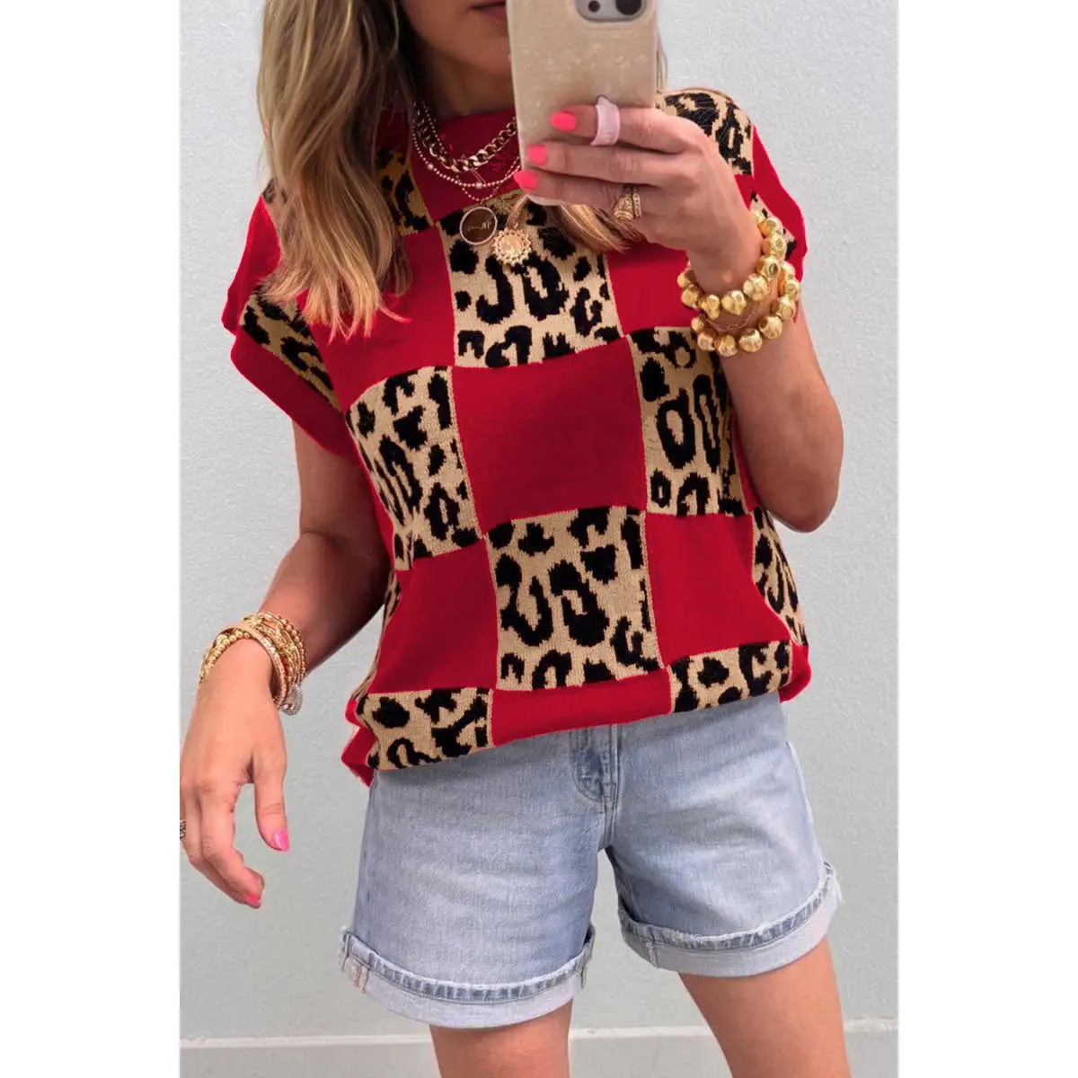 Women's Leopard Checkered Knit Sweater, Casual Shortsleeve Loose Fit Statement Piece, Trendy Knitting Top, Matching, Denim, Chic, Checkerboard