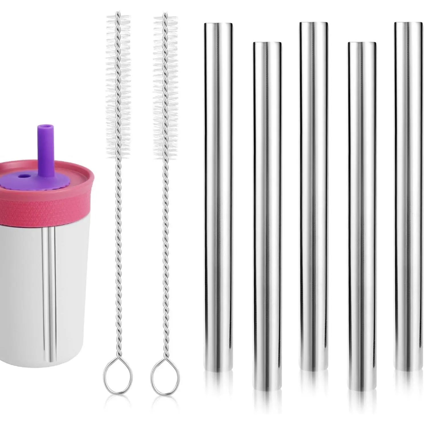Durable Stainless Steel Metal Straws Set - 5-Count for 12 oz Tumblers, 2 Cleaning Brushes, Compatible with 15 oz Plastic Tumblers & Synthetic-Free Water Bottle Accessories (no non-standard features applicable)