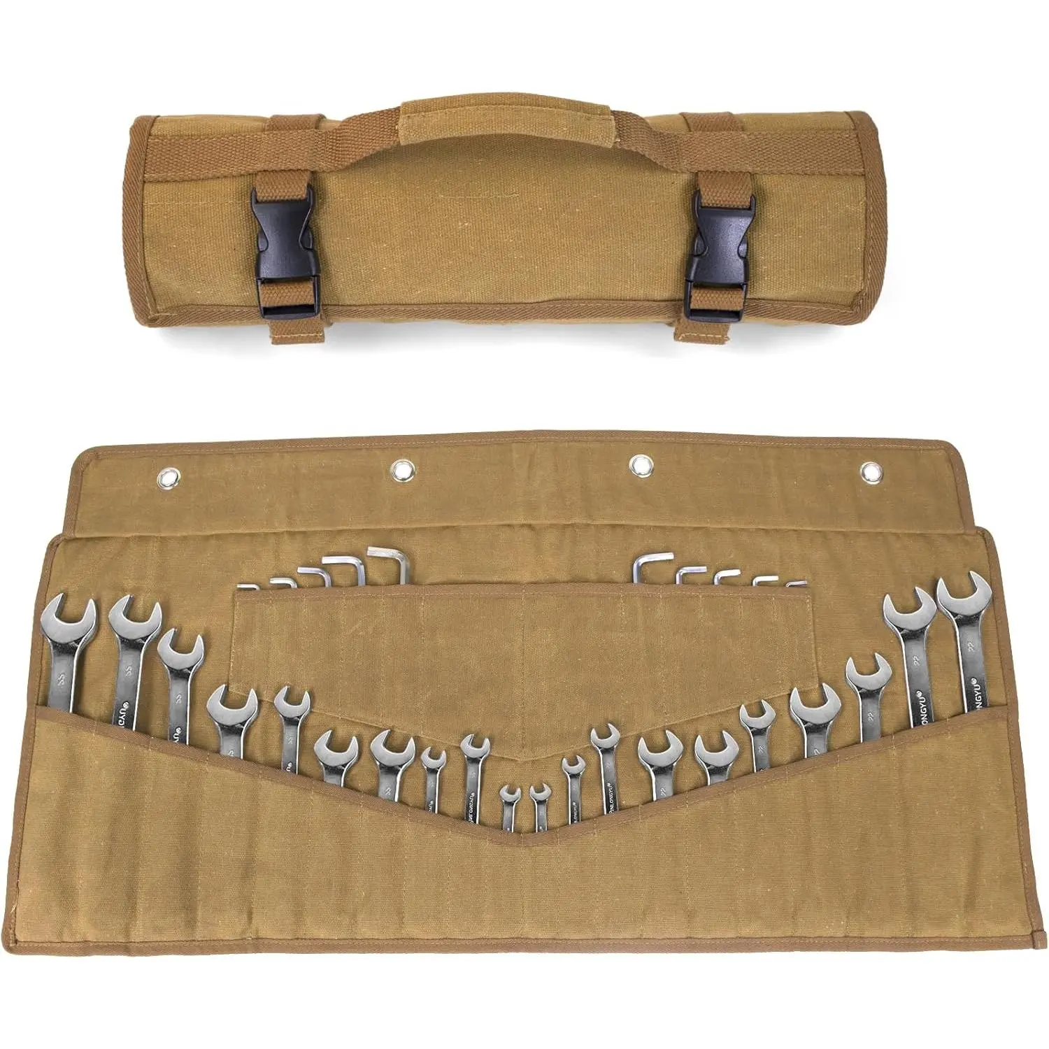 Wrench Roll, Heavy-Duty 16 oz.Waxed Canvas Wrench Roll Up Bag Holds Wrench Wrap for Metric and SAE Wrenches, Wrench Pouch with Buckles and Handle, Sturdy Wrench Tool roll
