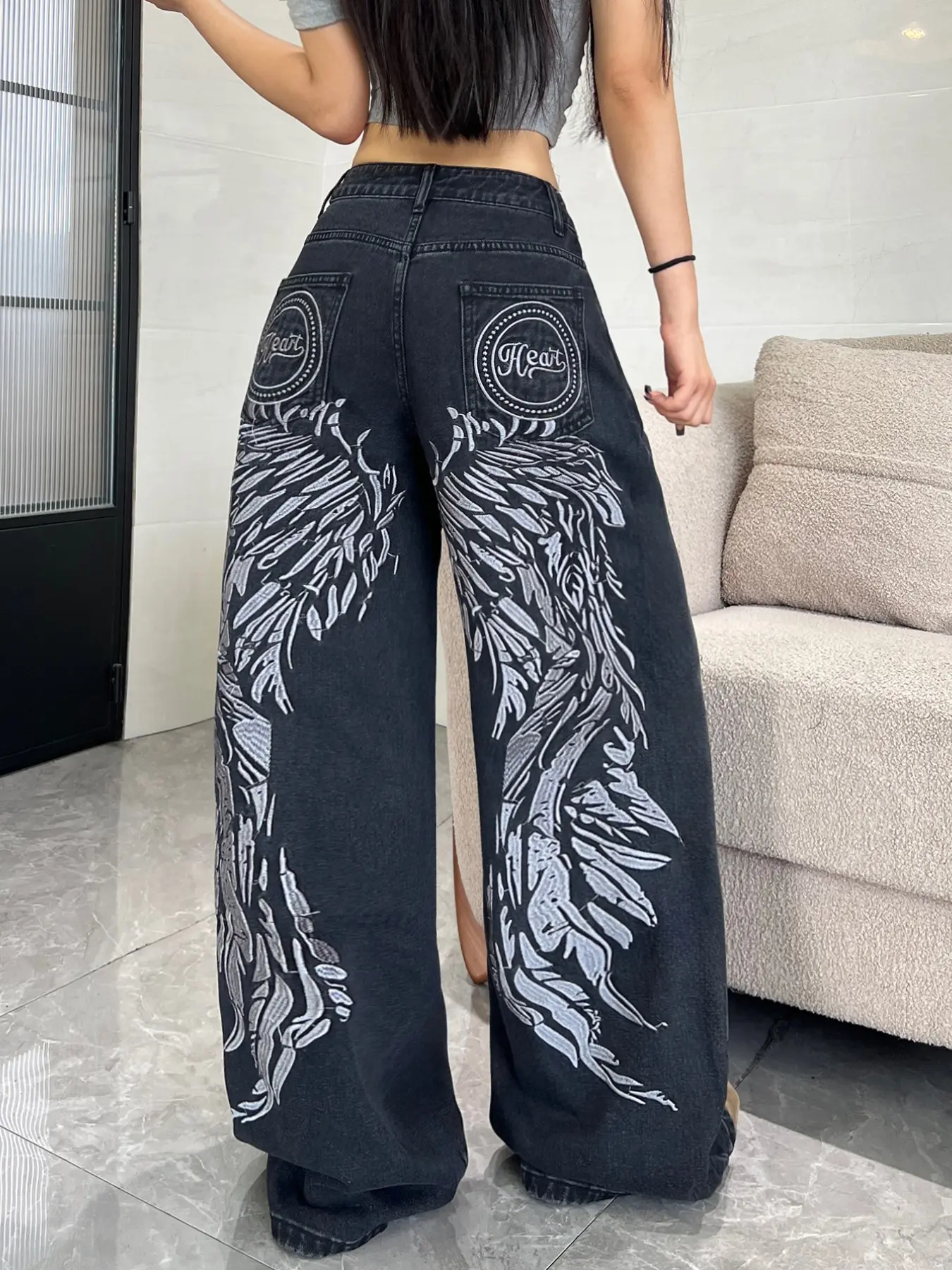 Y2K Angel Wings Embroidered Jeans for Women, Streetwear Vintage Washed High-Waisted Loose Fit Wide Leg Baggy Pants, Comfortable Versatile Long Pants